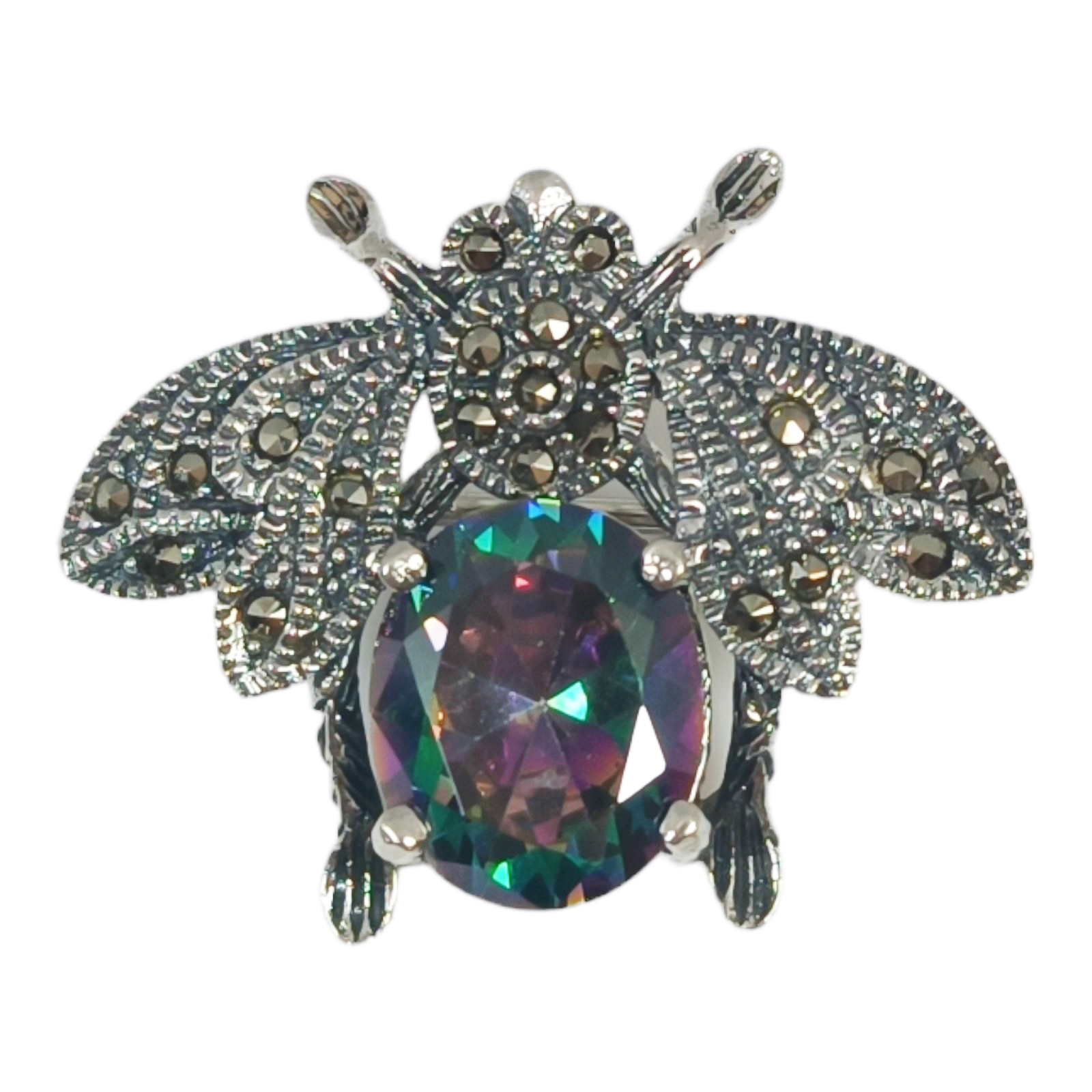 Broche Argent \'Sappho\' violet gris marcassite (abeille) - 27x20 mm - [S0558]