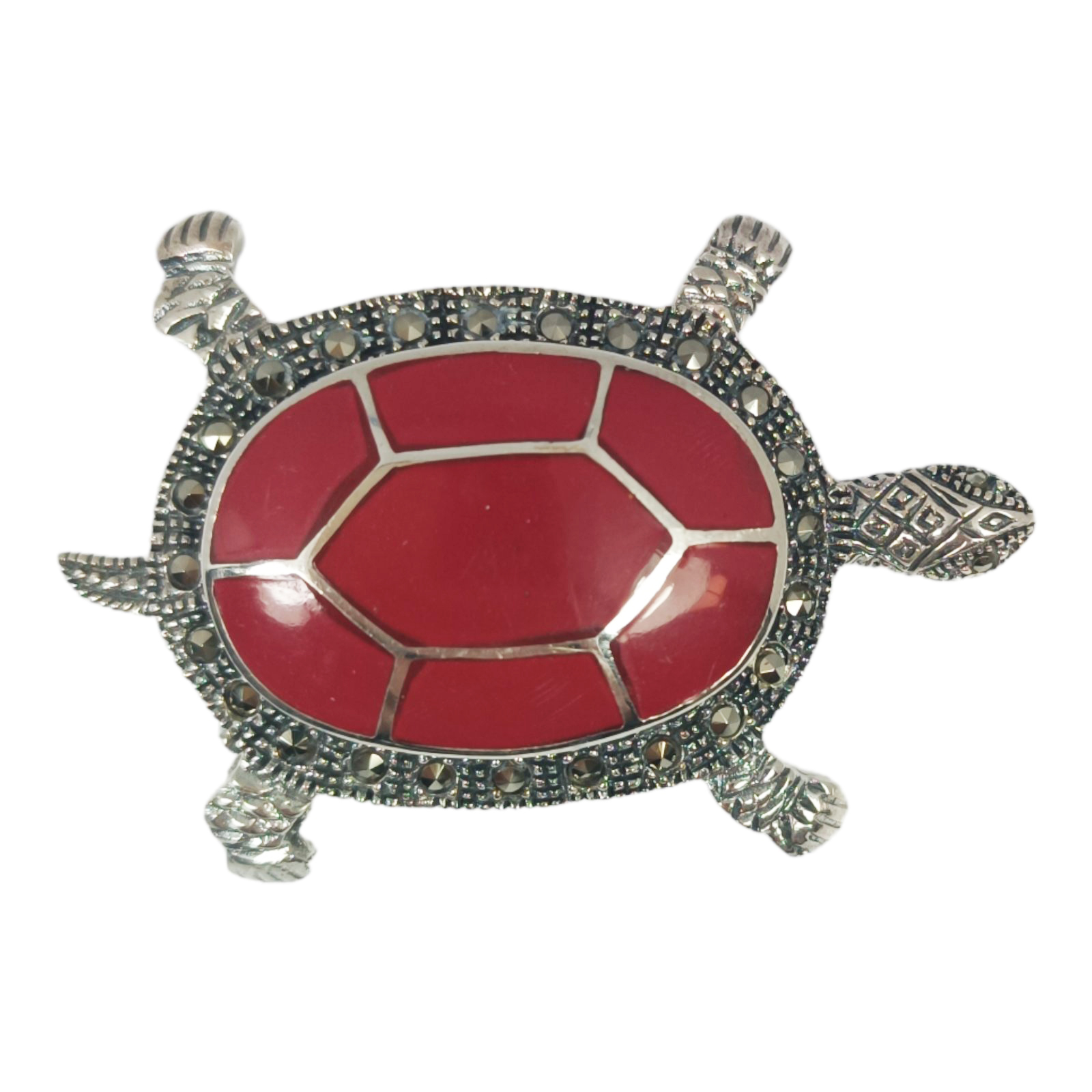 Broche Argent \'Sappho\' rouge gris marcassite (tortue) - 45x30 mm - [S0561]