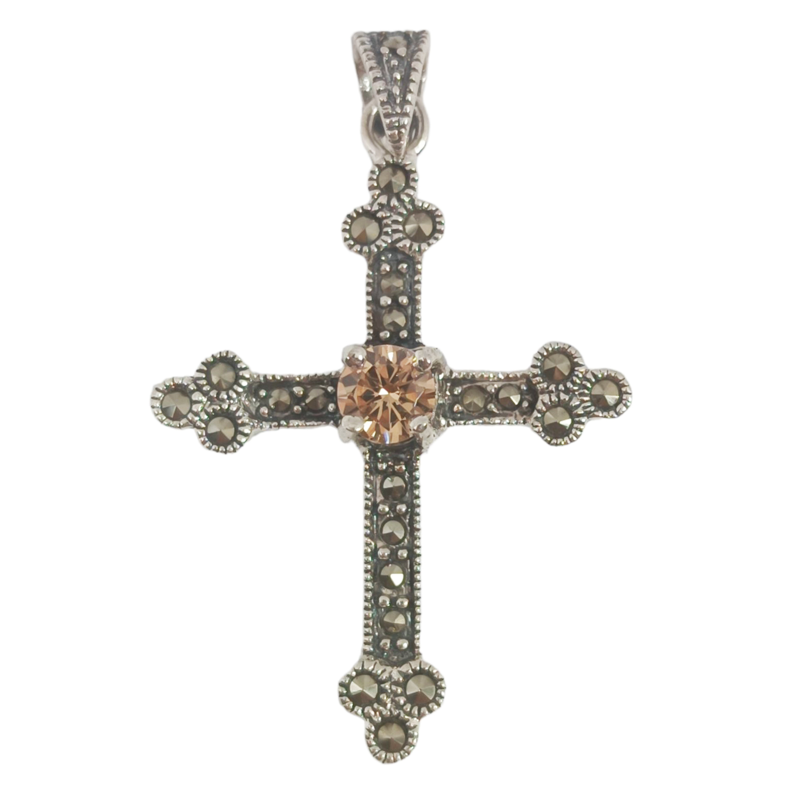Pendentif Argent \'Croix Orthodoxe\' beige marcassite argenté vieilli - 30x25 mm - [S0569]