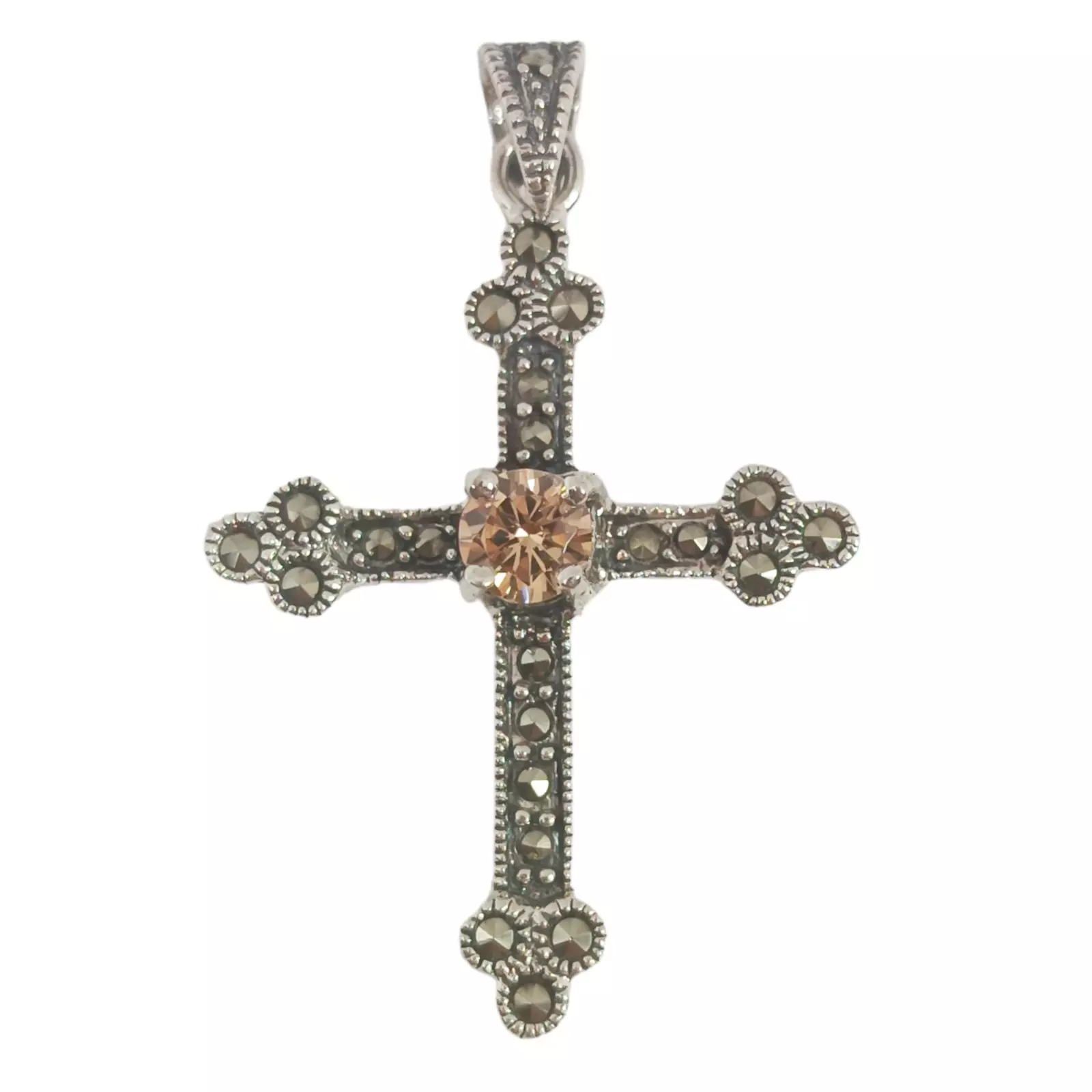 les trésors de lily Pendentif Argent 'Croix Orthodoxe' beige marcassite argenté vieilli 30x25 mm [S0569]