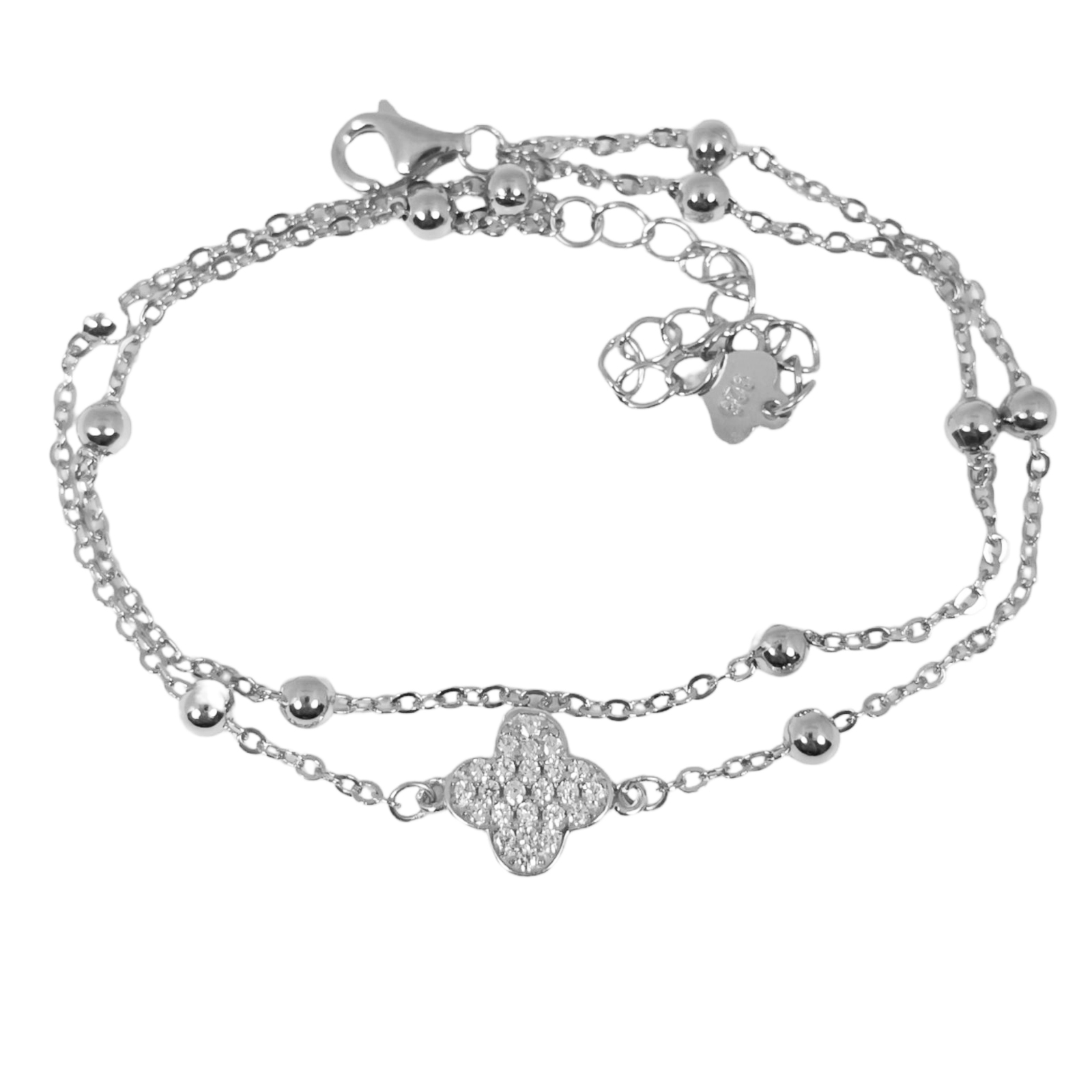 Bracelet Argent double \'Arégonde\' blanc argenté (rhodié) - 9 mm (trèfle) - [S0640]