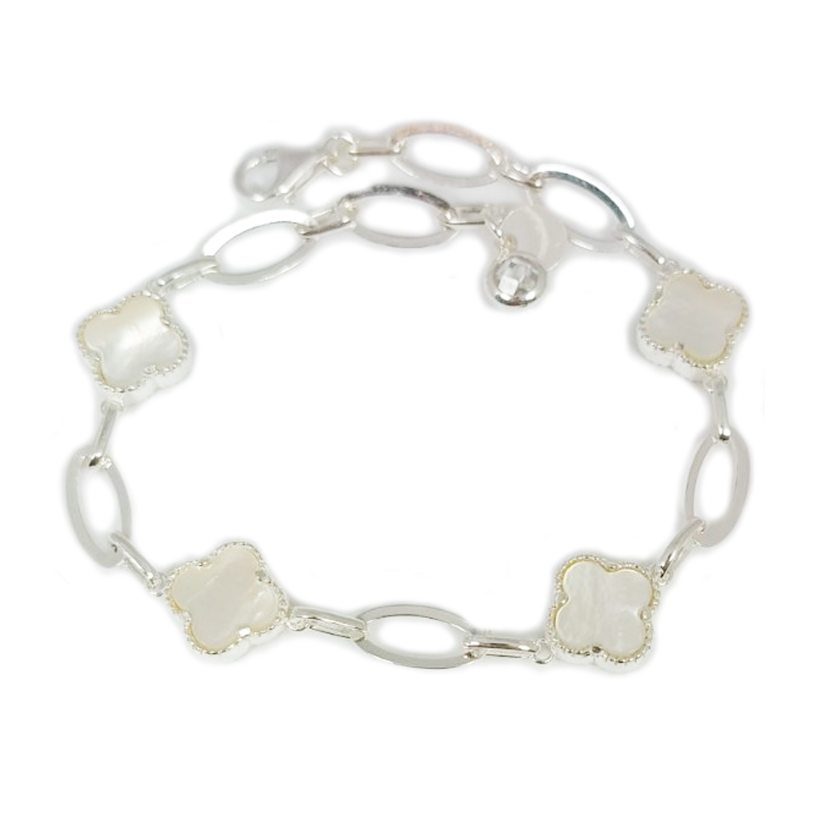 Bracelet argent rhodié \'Trèfles\' blanc nacré argenté (rhodié) - 10 mm - [S0666]