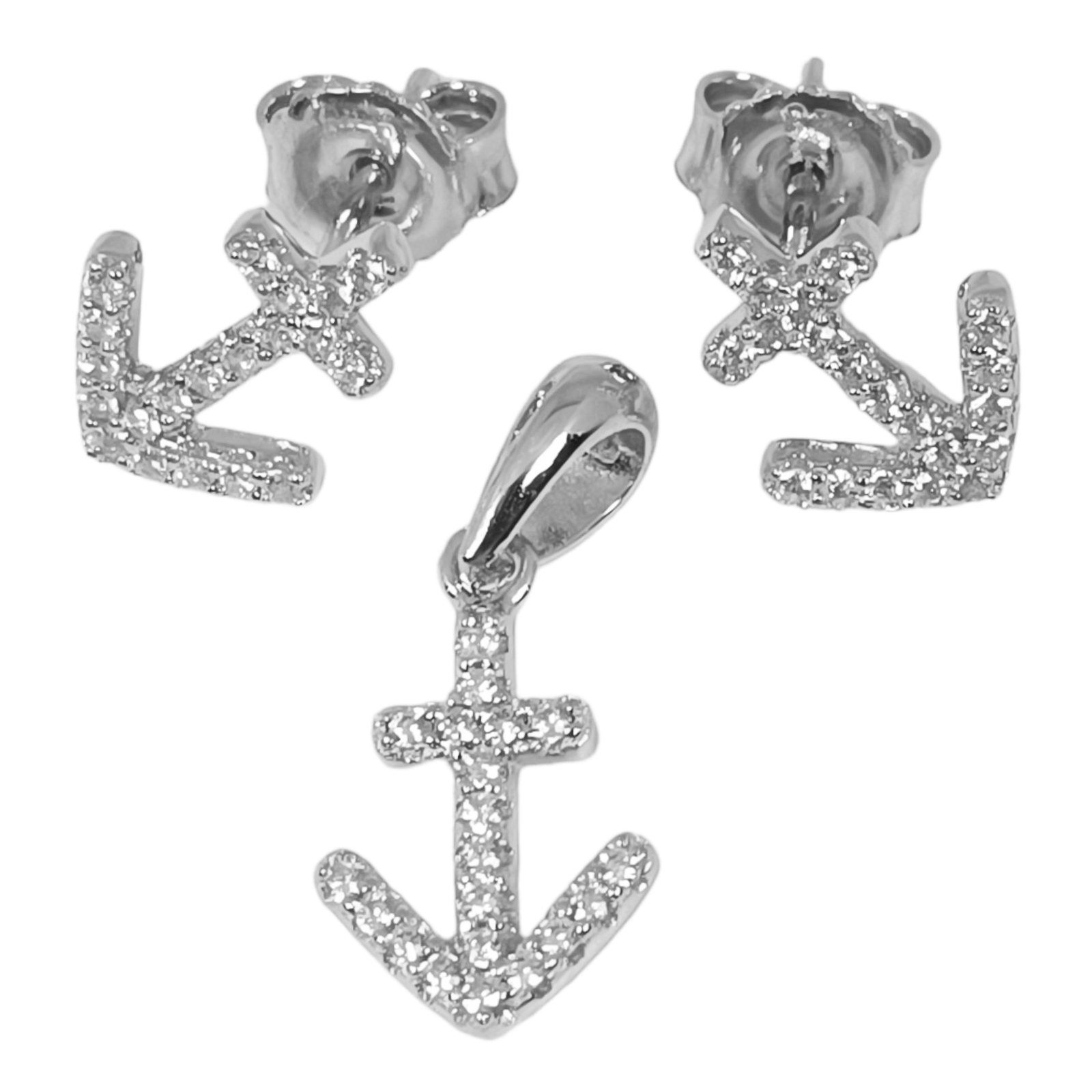 Parure Argent \'Ancre Marine\' blanc argent rhodié (pendentif et boucles d\'oreilles) 11x9 mm - [S0706]