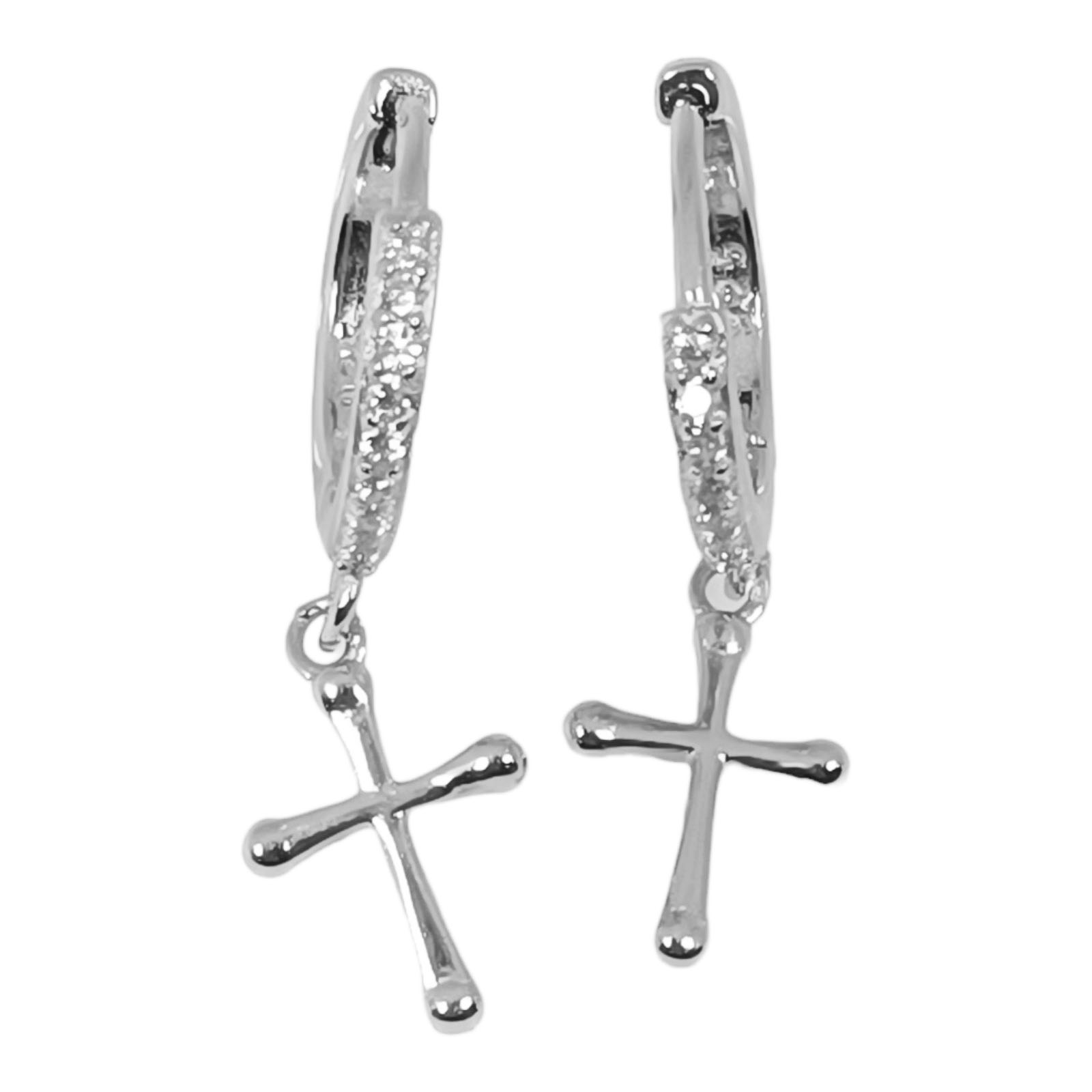 Créoles Argent \'Croix\' blanc argenté (rhodié) - 12 mm, 9x6 mm - [S0741]