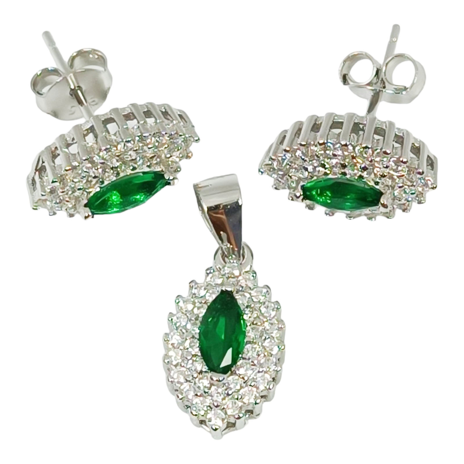Parure Argent \'Victorina\' émeraude argent rhodié (pendentif et boucles d\'oreilles) 13x8 mm - [S0791]