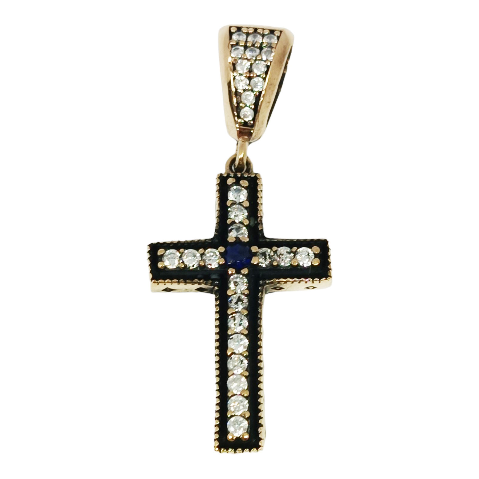 Pendentif Argent \'Croix\' bleu doré - 30x18 mm - [S0800]