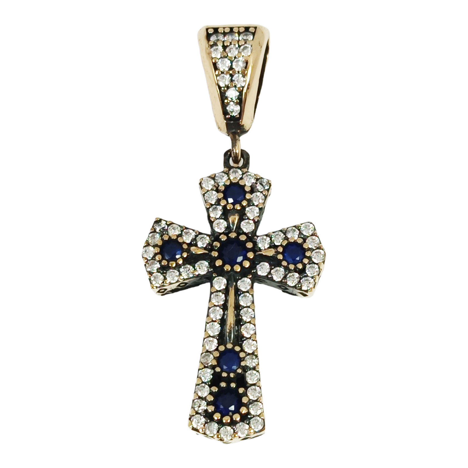 Pendentif Argent \'Croix\' bleu blanc doré - 28x20 mm - [S0805]
