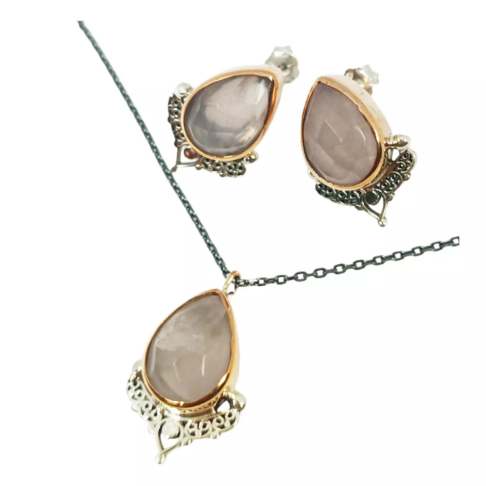 les trésors de lily Parure de bijoux Argent artisanale 'Cléopatra' quartz rose doré 20x15 mm (collier et boucles d'oreilles) [S0806]