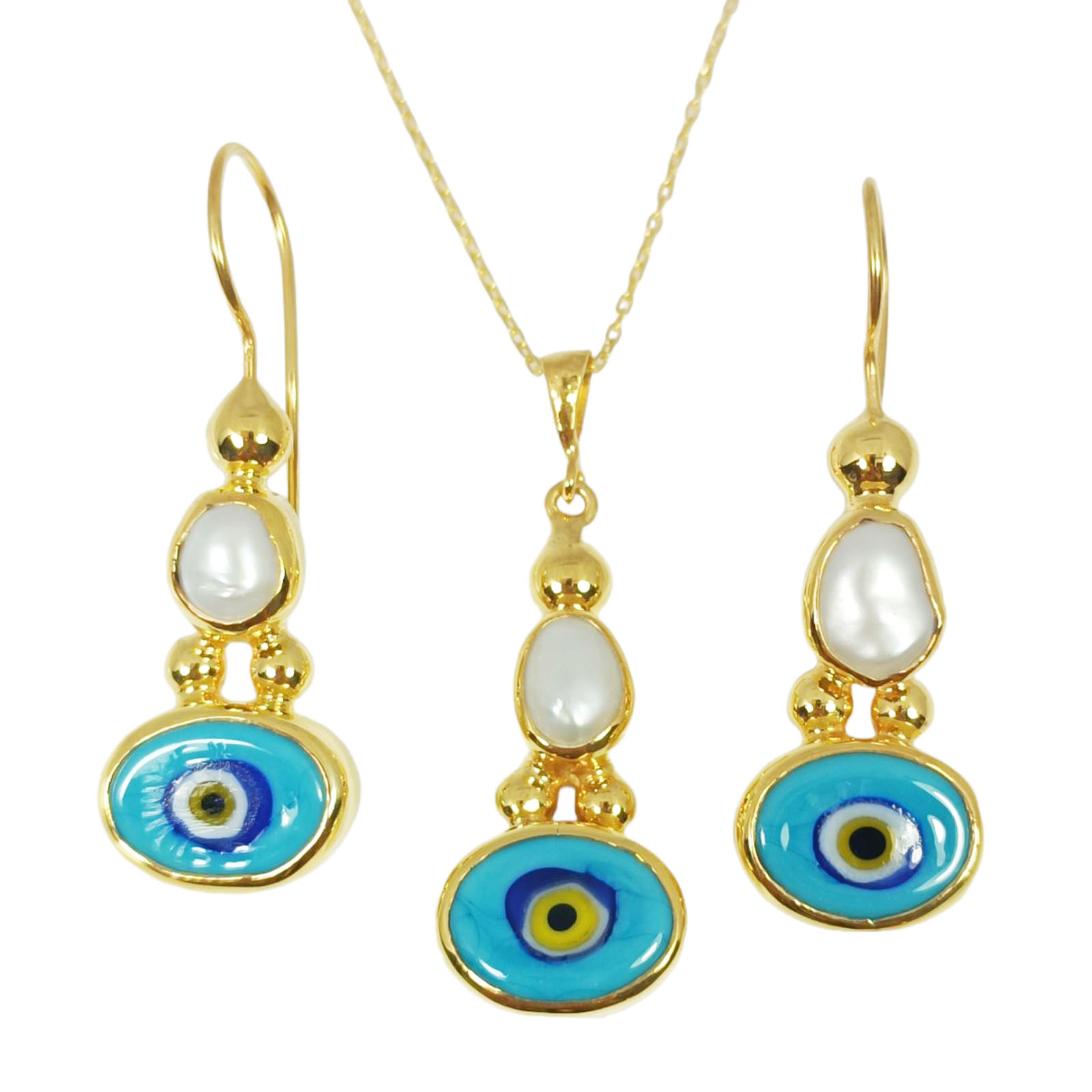Parure de bijoux Argent artisanale \'Cléopatra\' turquoise doré - 30x13 mm (collier et boucles d\'oreilles) - [S0807]