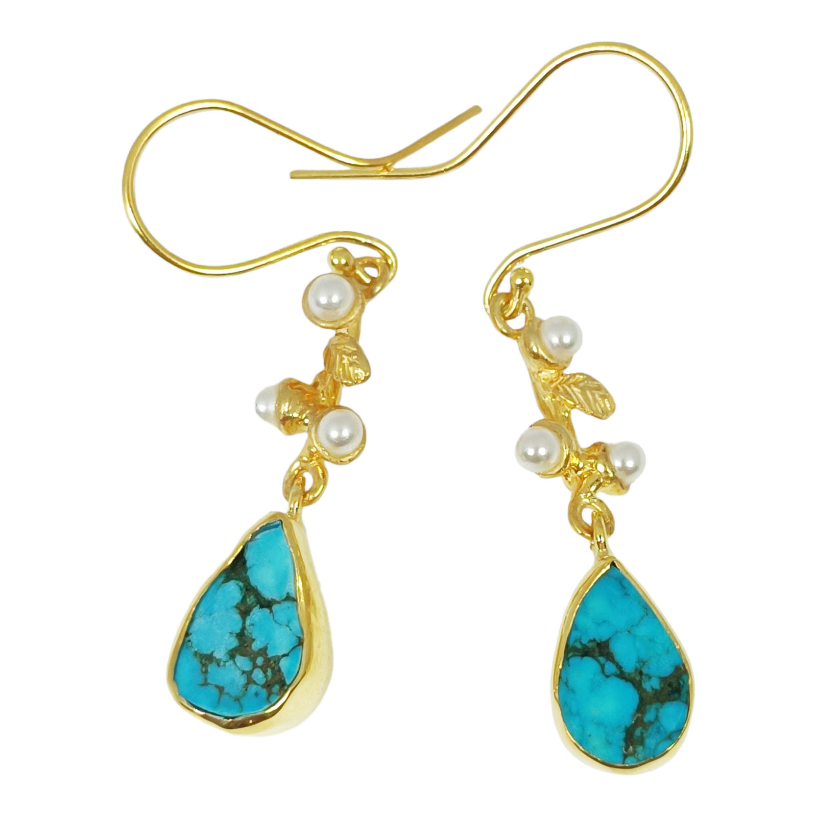 Boucles argent artisanales \'Cléopatra\' turquoise blanc doré - 35x8 mm - [S0816]
