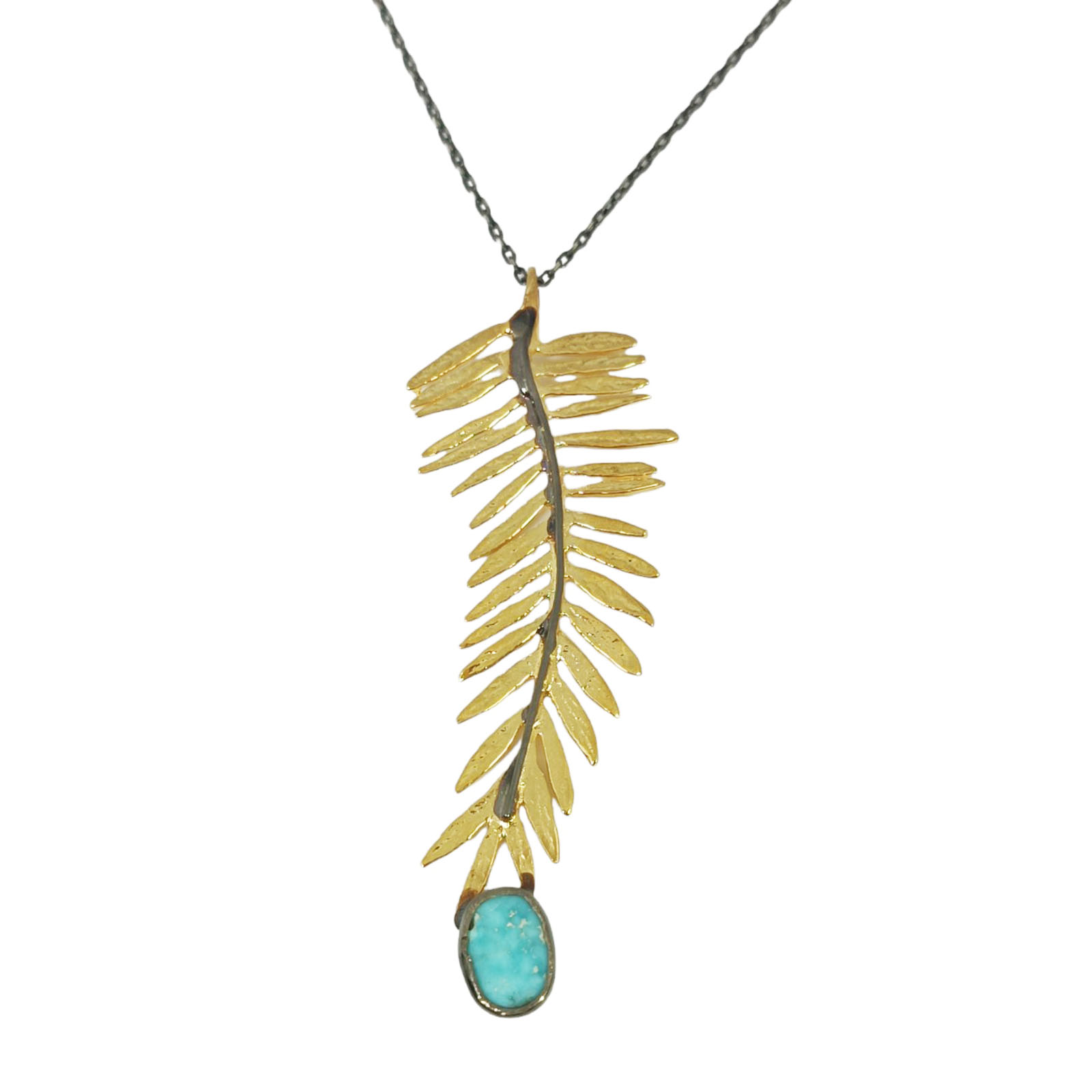 Collier Argent \'Cléopatra\' turquoise doré - 70x25 mm (feuille) - [S0824]