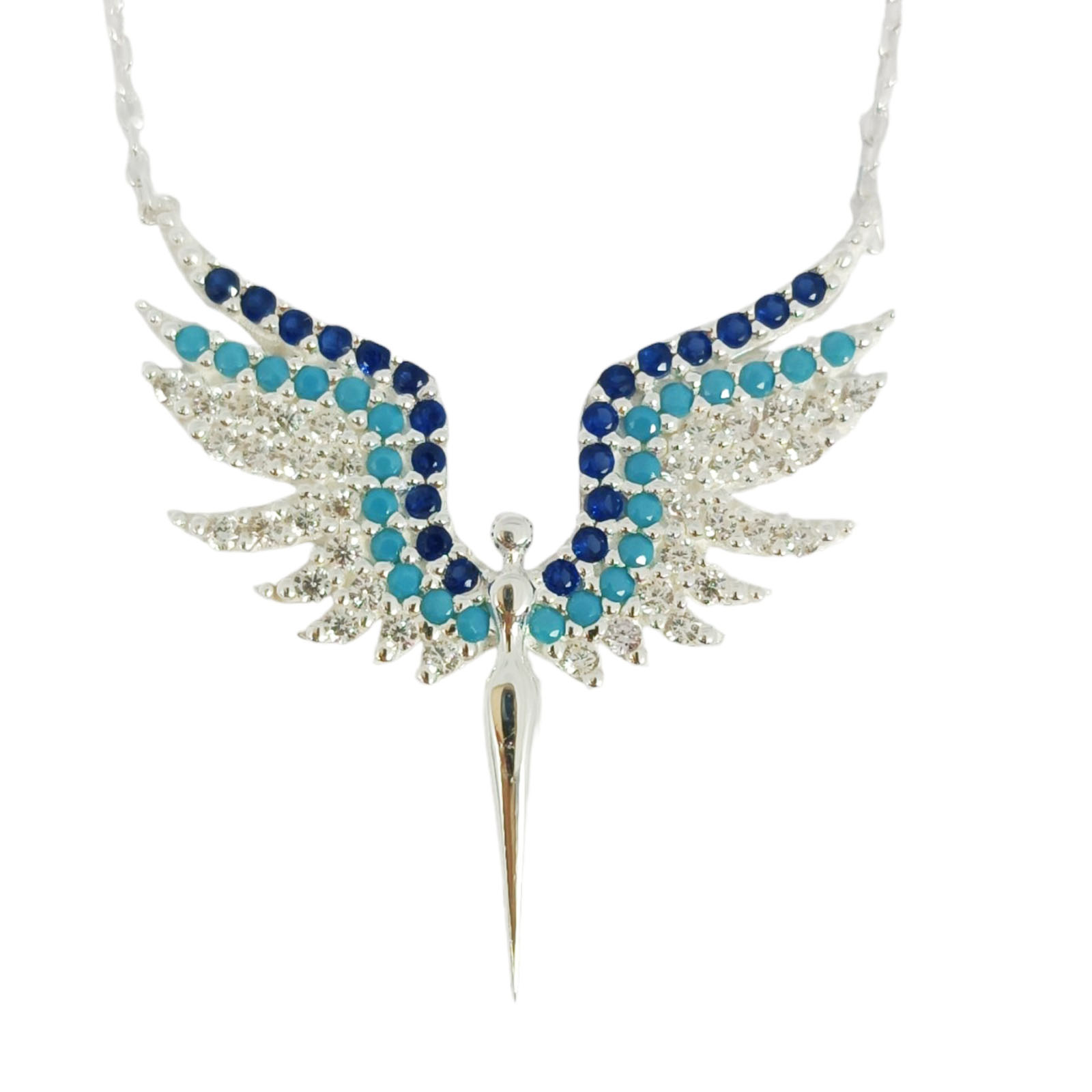 Collier argent \'Ange Gardien\' bleu turquoise blanc argenté - 30x27 mm - [S0931]