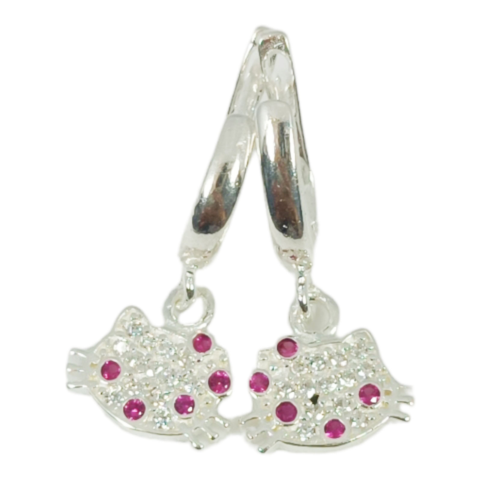 Créoles Argent \'Kitty\' rubis blanc argenté - 10x7 mm - [S0938]