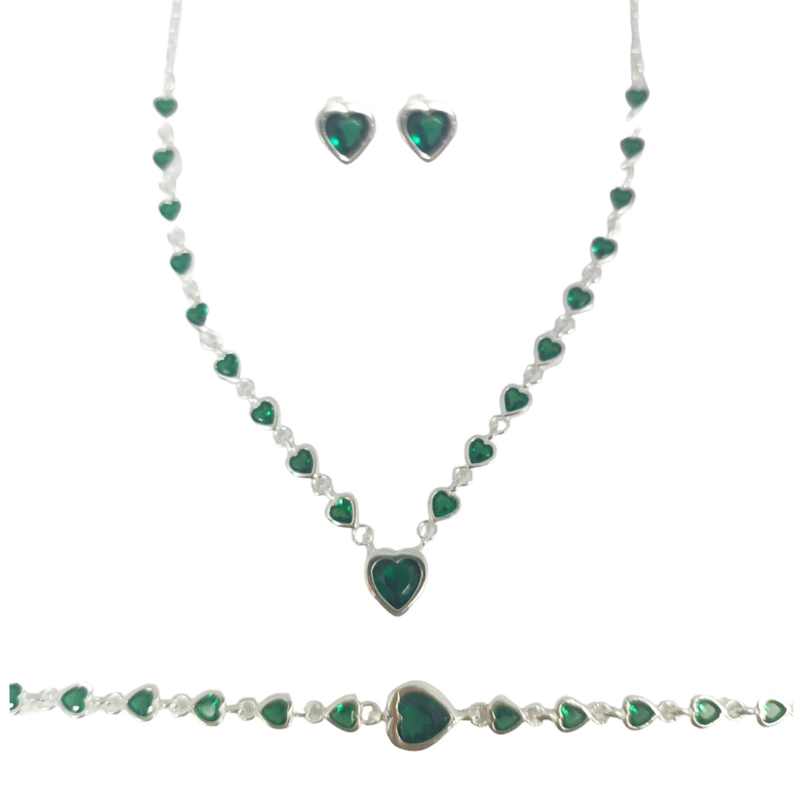 Parure Argent \'Arégonde\' vert émeraude argenté - 8x7 mm (coeur) - [S0954]