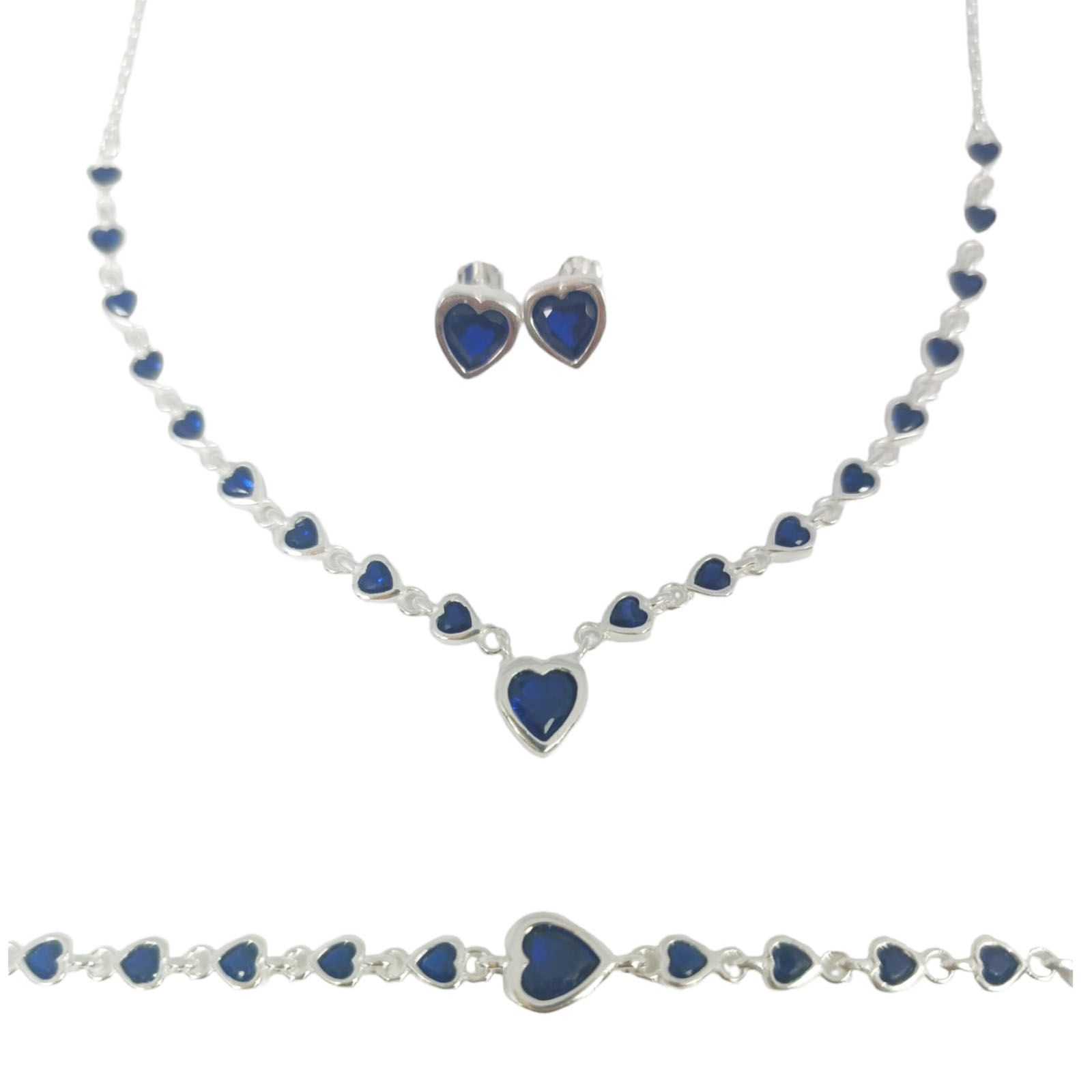 Parure Argent \'Arégonde\' bleu saphir argenté - 8x7 mm (cœur) - [S0955]