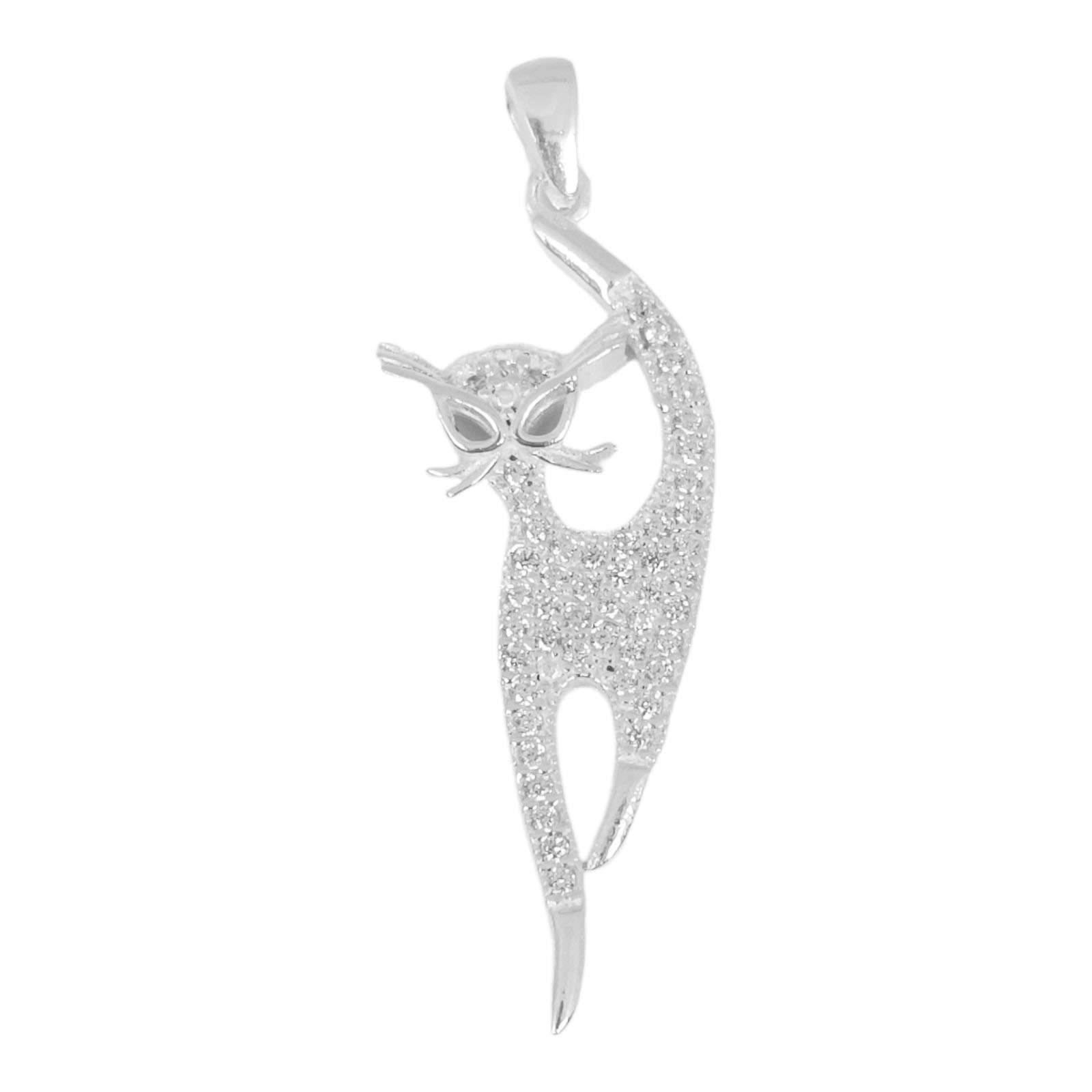 Pendentif argent \'Chat\' blanc argenté - 34x14 mm - [S1007]