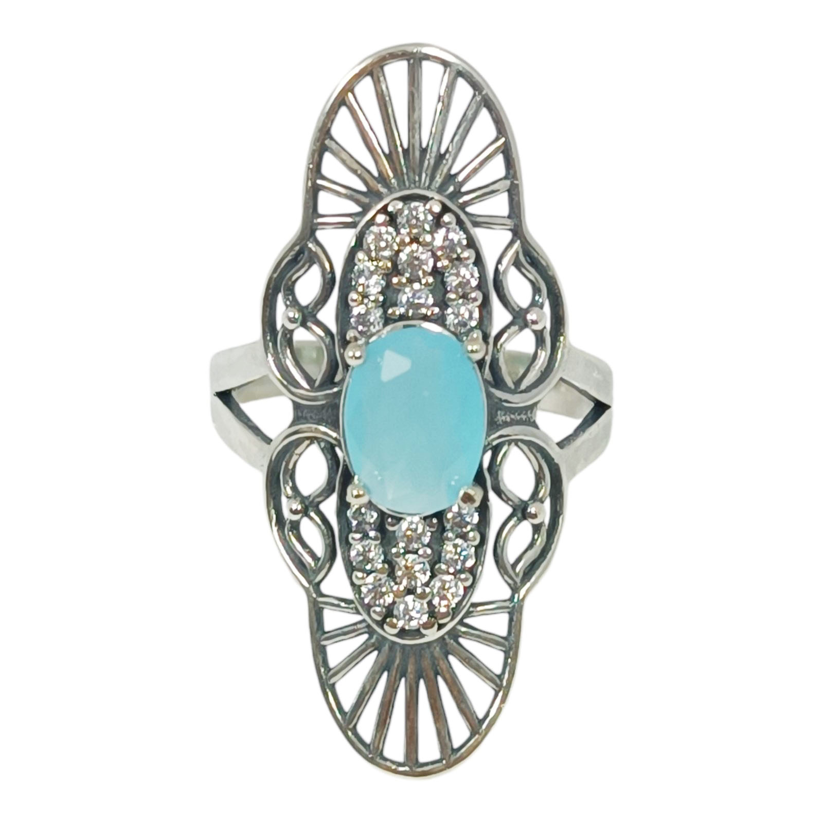 Bague Argent \'Sappho\' turquoise argenté vieilli - 32x13 mm - [S1062]