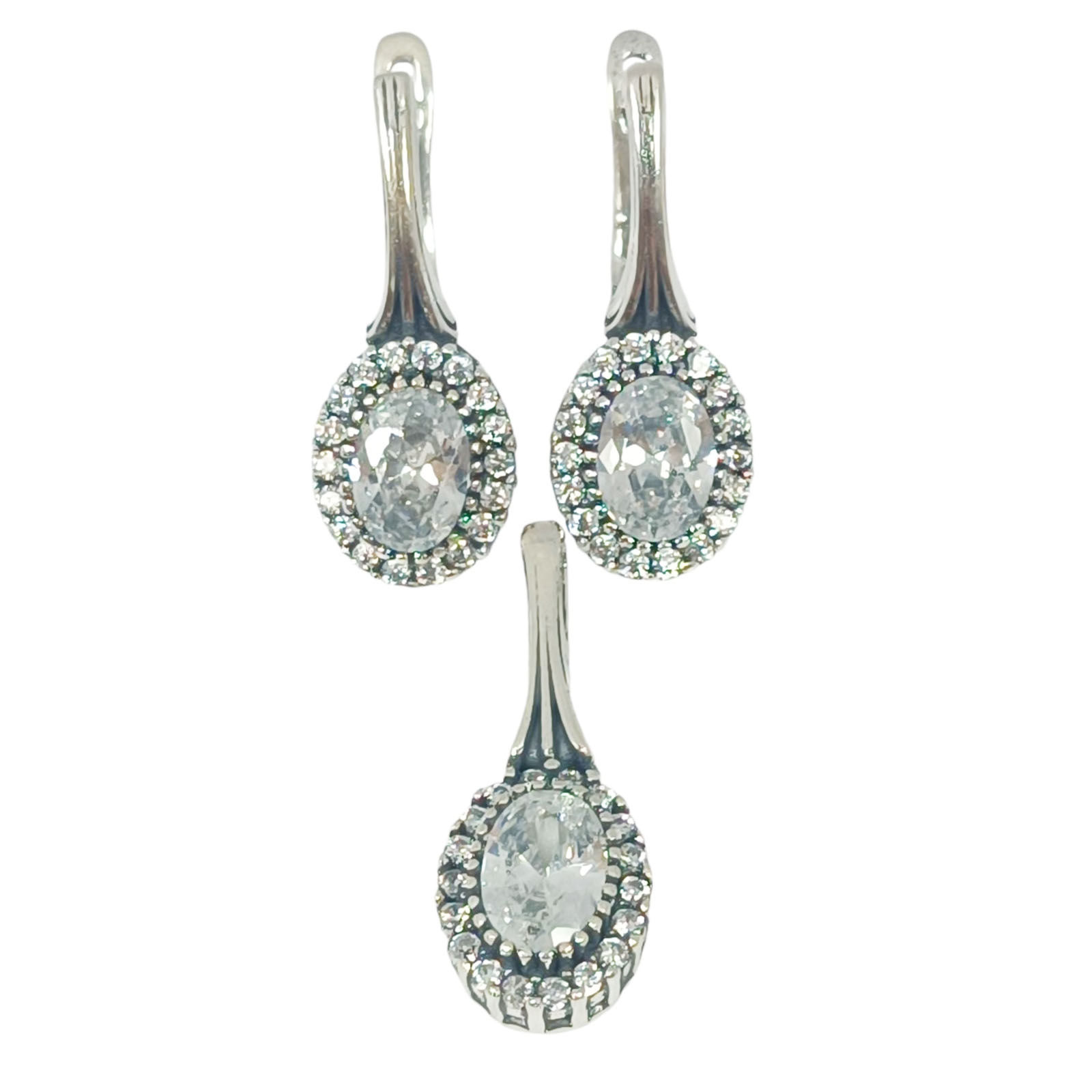 Parure Argent \'Sappho\' blanc argenté vieilli (pendentif et boucles d\'oreilles) - 20x9 mm - [S1113]