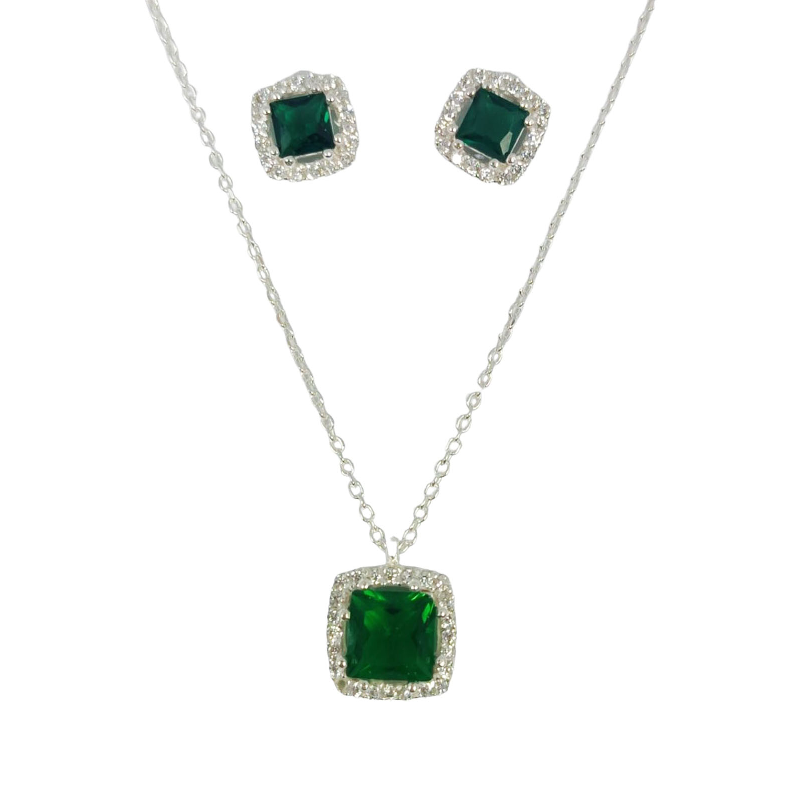 Parure Argent \'Arégonde\' vert émeraude argenté - 9x9 mm  - [S1123]