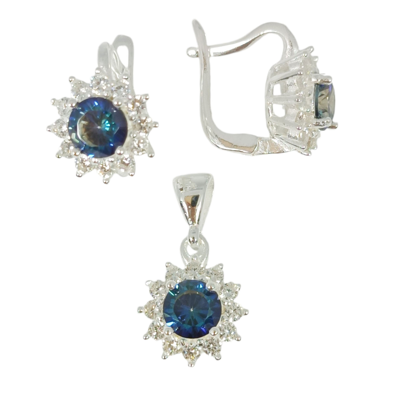 Parure Argent \'Arégonde\' bleu argenté - 11x11 mm  (boucles + pendentif) - [S1134]