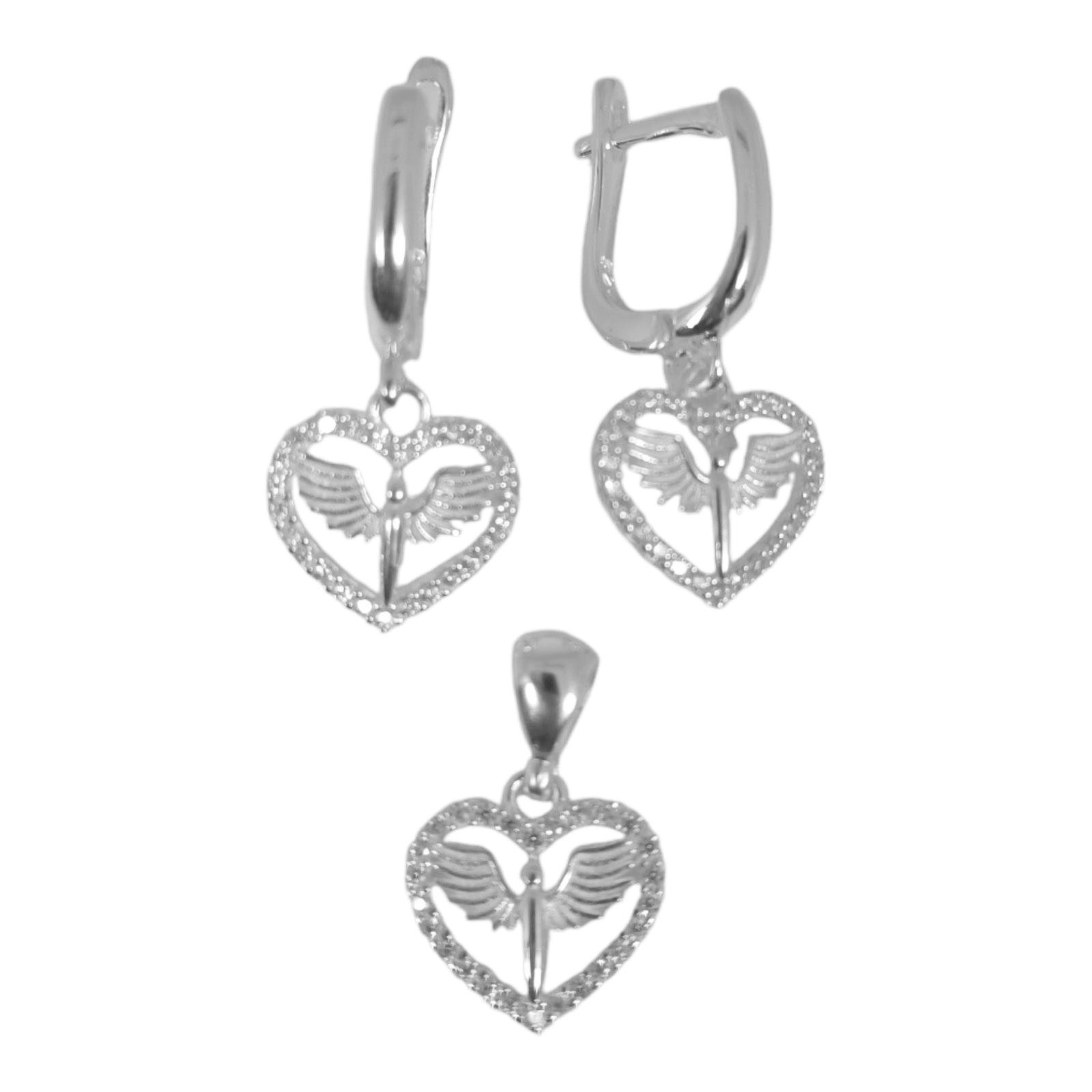 Parure Argent \'Ange Gardien\' blanc argenté - 13x11 mm (boucles + pendentif) - [S1149]