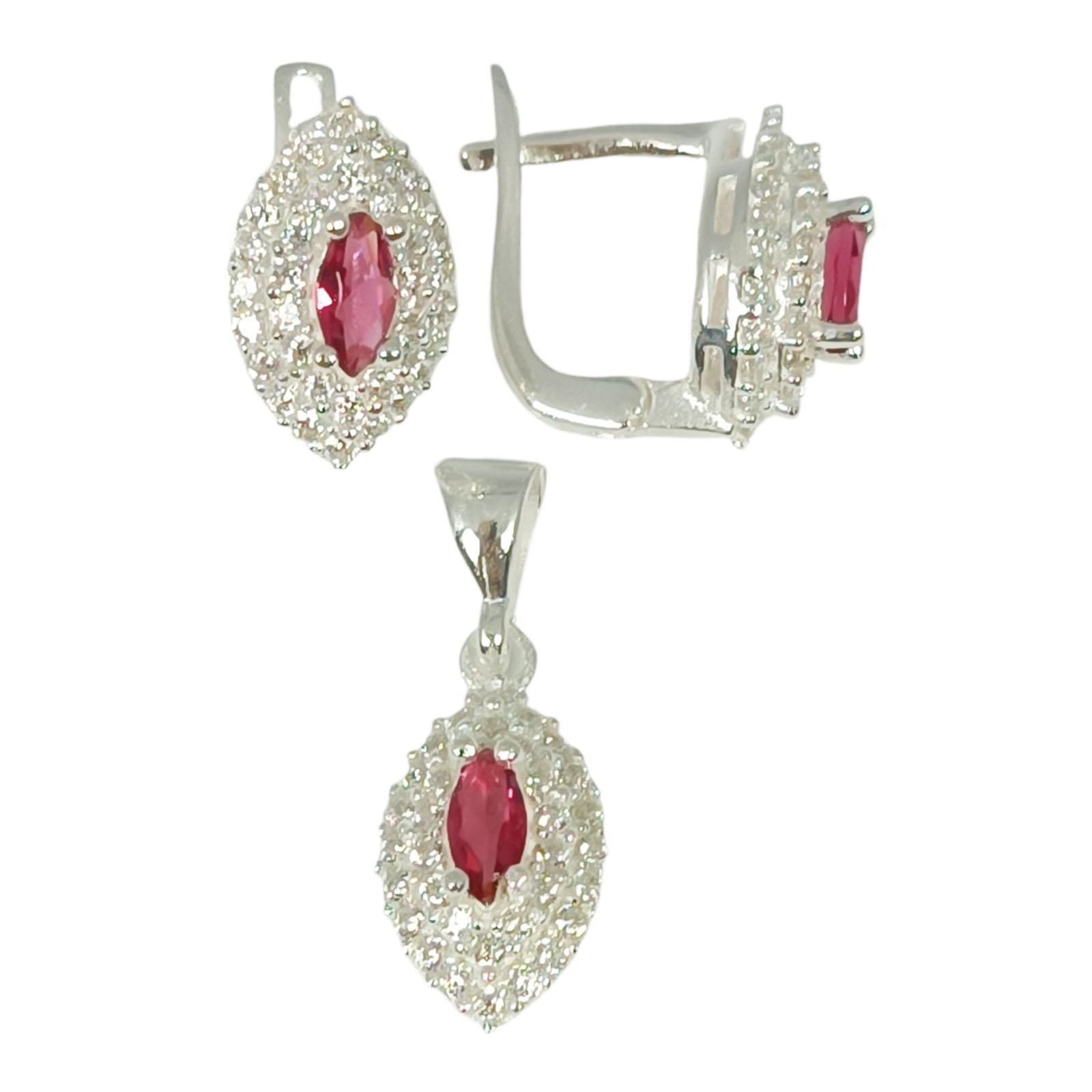 Parure Argent \'Arégonde\' rose rubis argenté - 14x9 mm (boucles + pendentif) - [S1150]