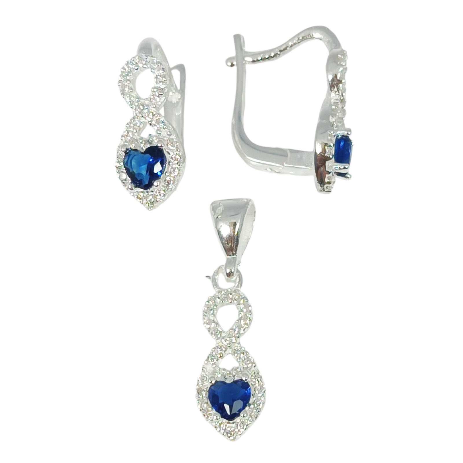 Parure Argent \'Arégonde\' bleu saphir argenté (cœur) - 15x7 mm  (boucles + pendentif) - [S1157]