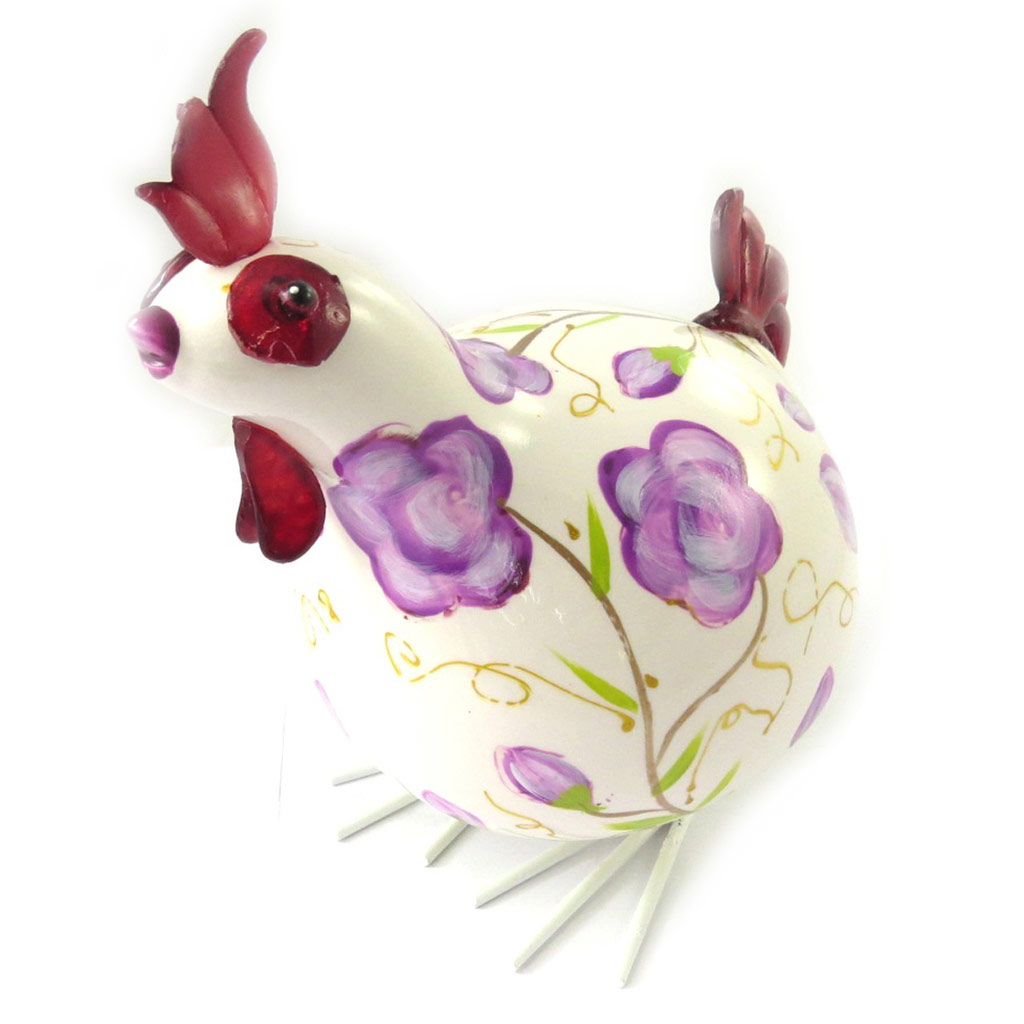 Figurine céramique \'Coq Cororico\' blanc violet (20 cm) - [M7782]