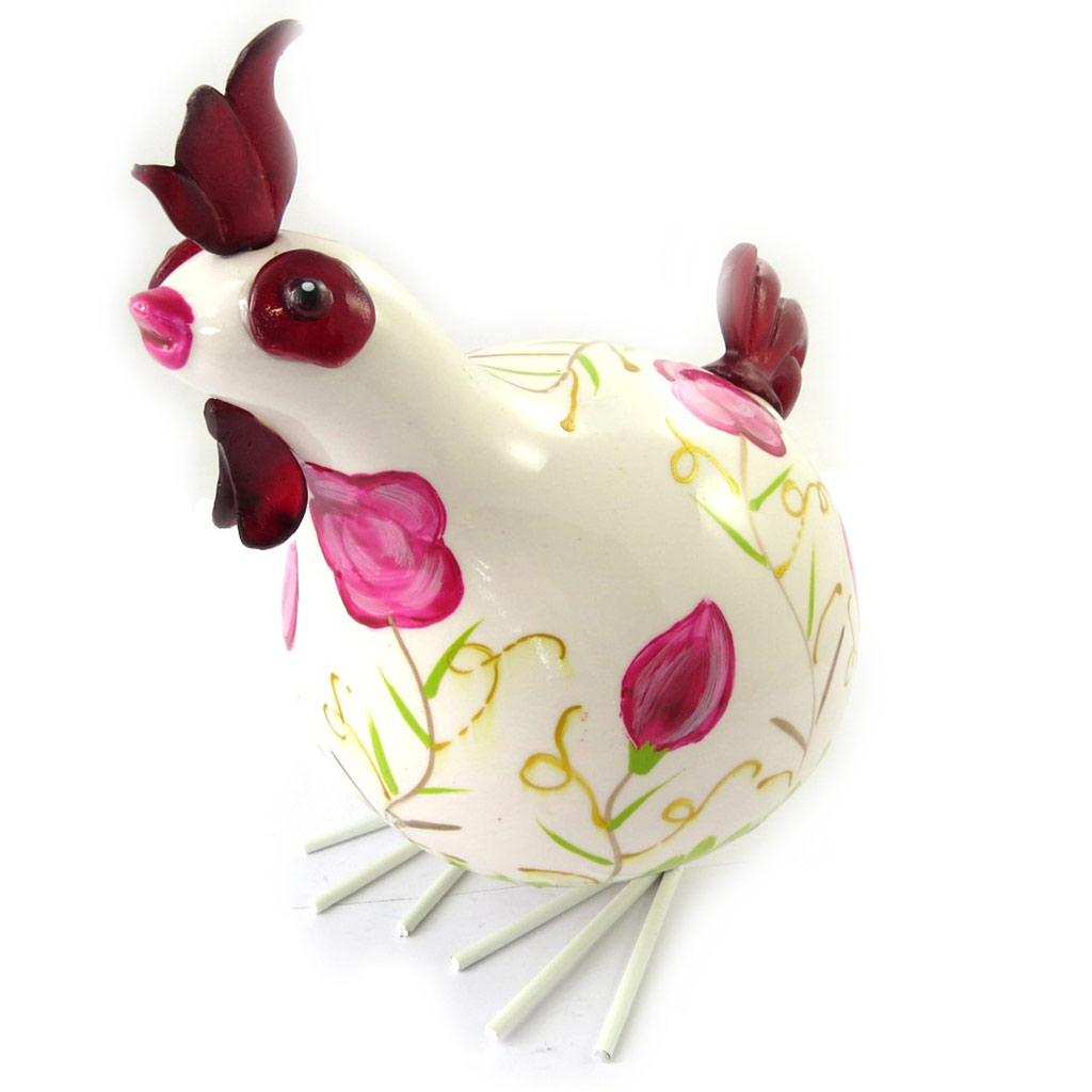 Figurine céramique \'Coq Cororico\' blanc rose (20 cm) - [M7783]