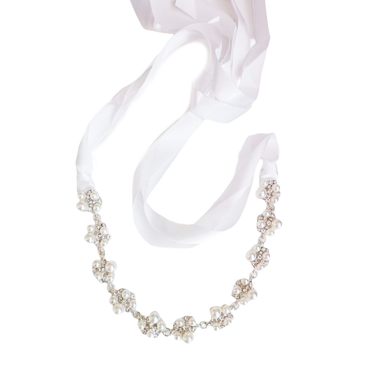 Bandeau de cérémonie \'Arégonde\' blanc argenté - motif 260x18 mm - [R7553]