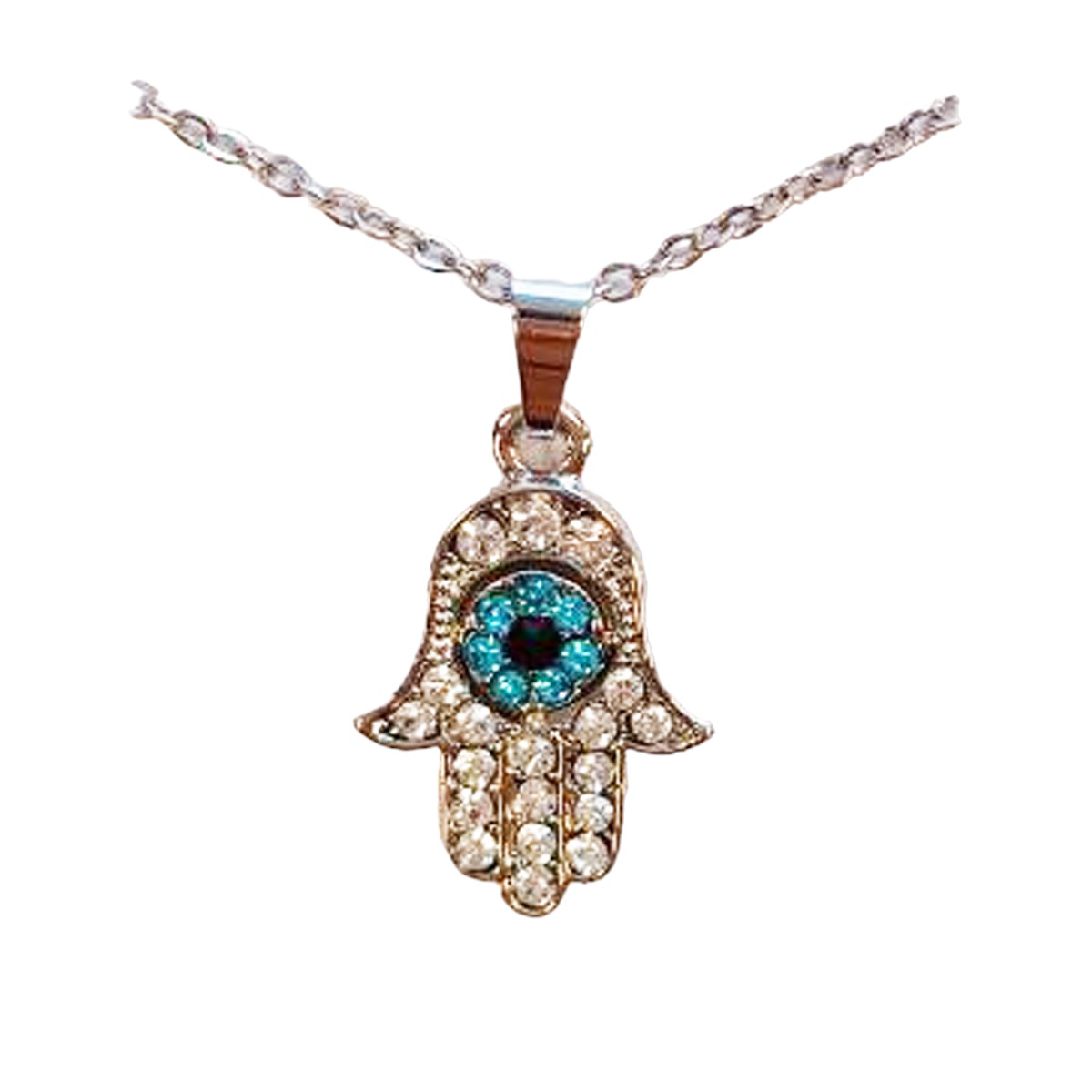Collier créateur \'Main de Fatma\' bleu blanc argenté - 19x15 mm - [R8119]