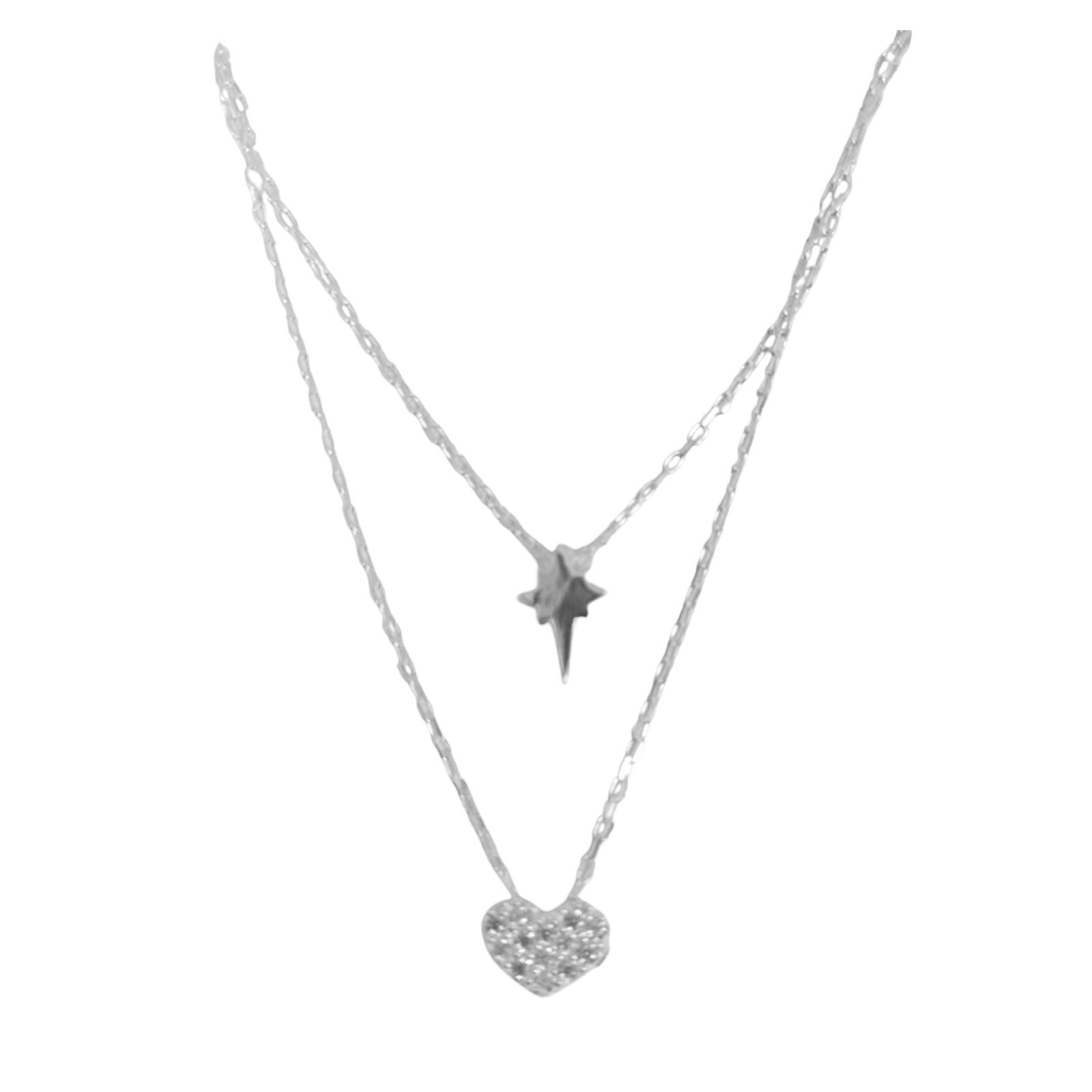 Collier Argent double \'Arégonde\' blanc doré - 42 et 45 cm, motif 6 mm - [S1175]