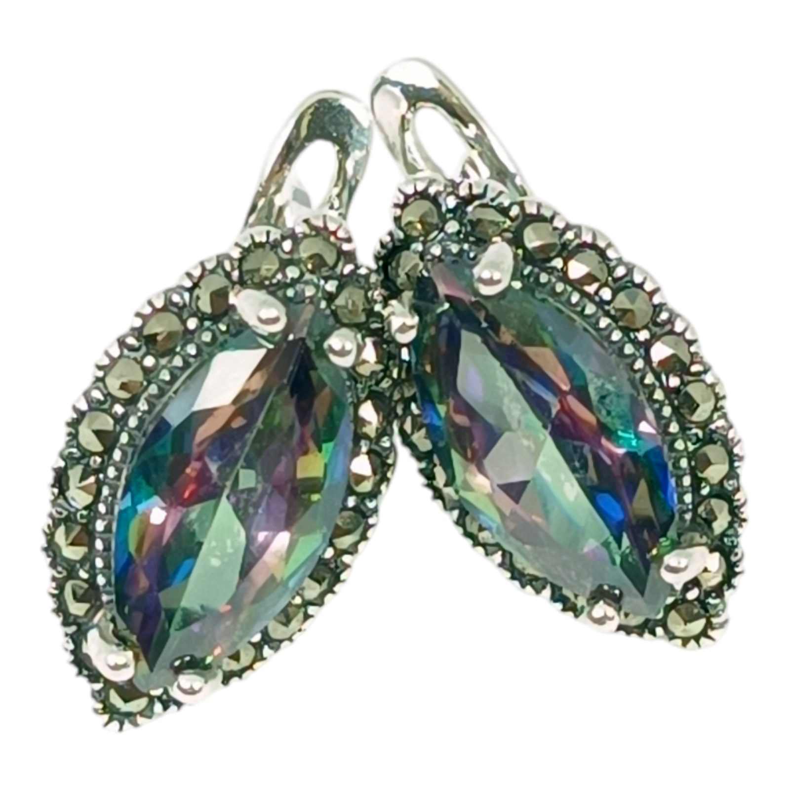 Dormeuses Argent \'Sappho\' violet vert boréal marcassite argenté - 20x10 mm - [S1186]