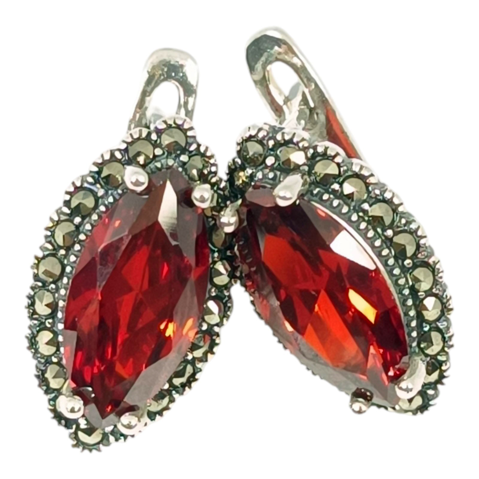 Dormeuses Argent \'Sappho\' rouge grenat marcassite argenté - 20x10 mm - [S1187]