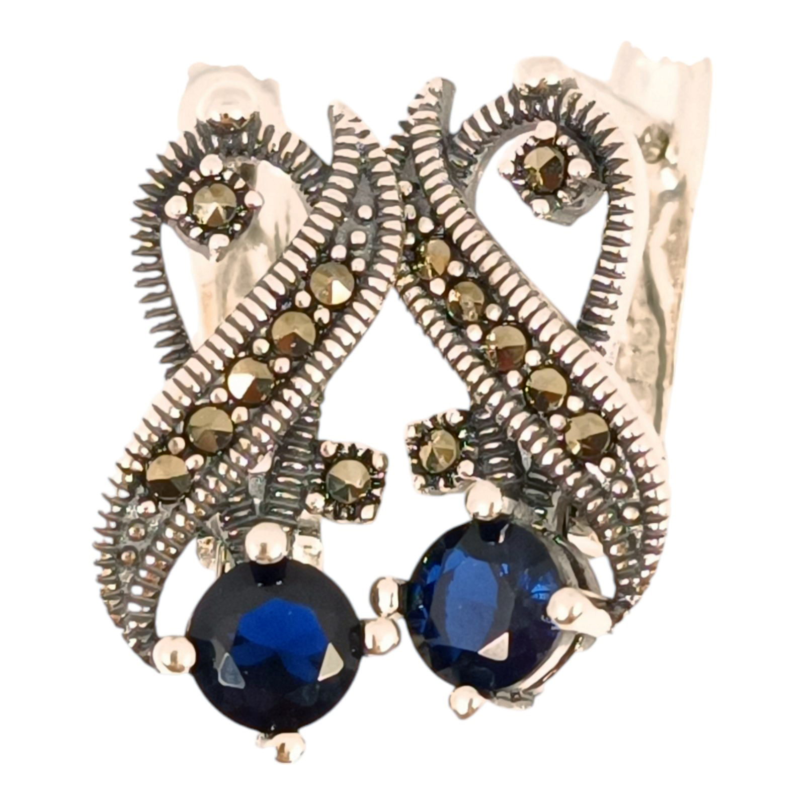 Dormeuses Argent \'Sappho\' bleu marcassite argenté vieilli - 18x8 mm - [S1188]