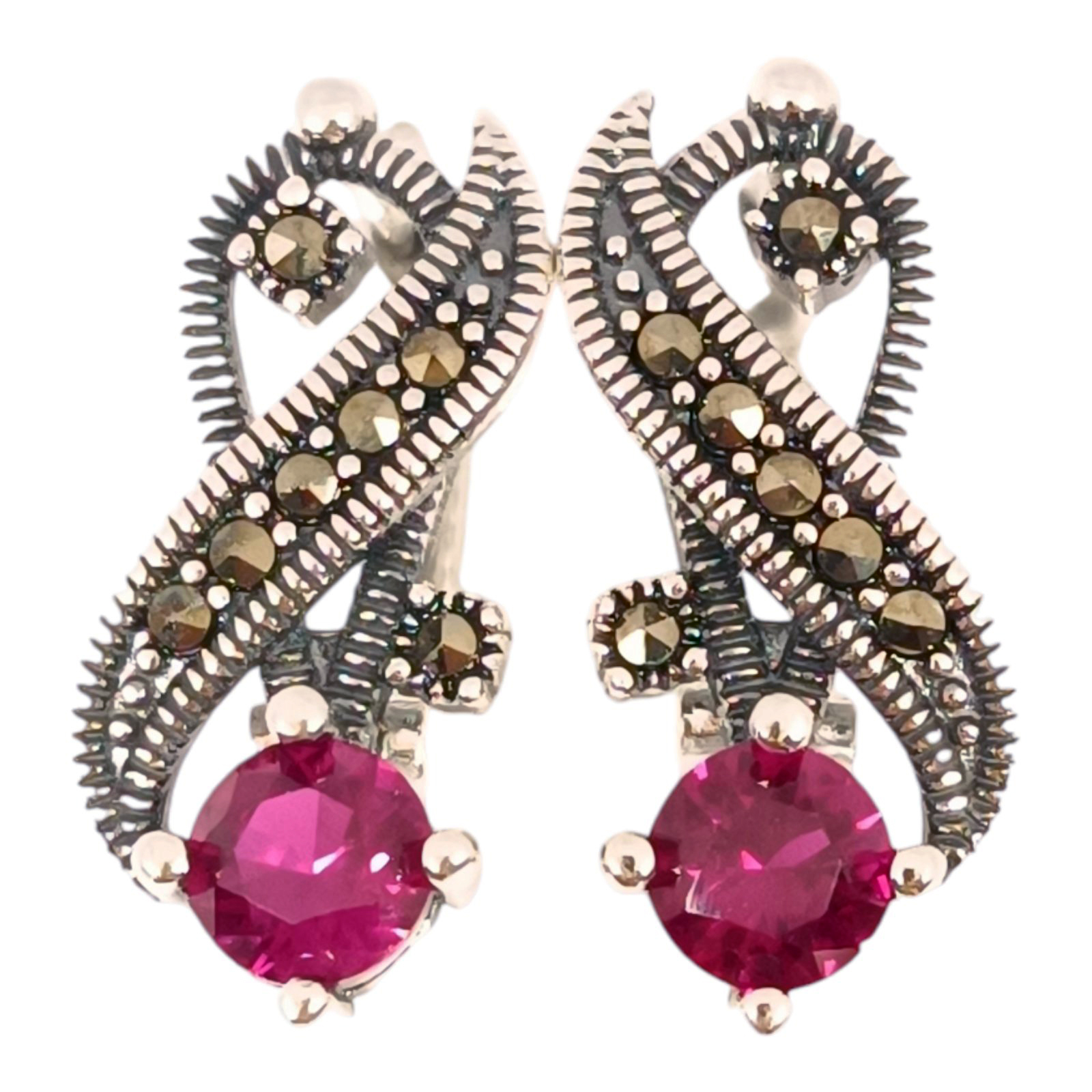 Dormeuses Argent \'Sappho\' rubis marcassite argenté vieilli - 18x8 mm - [S1189]