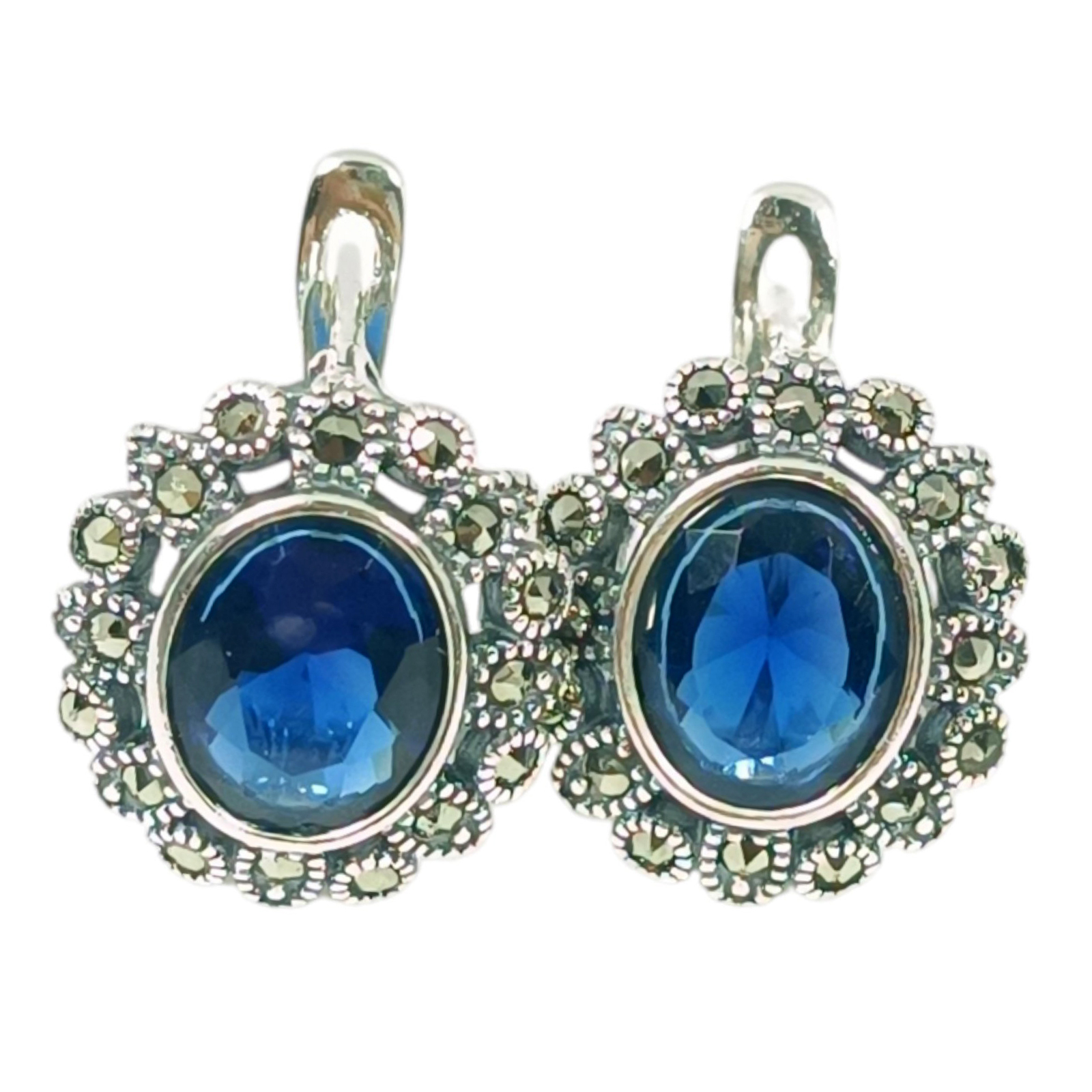 Dormeuses Argent \'Sappho\' noir marcassite argenté - 17x15 mm - [S1191]