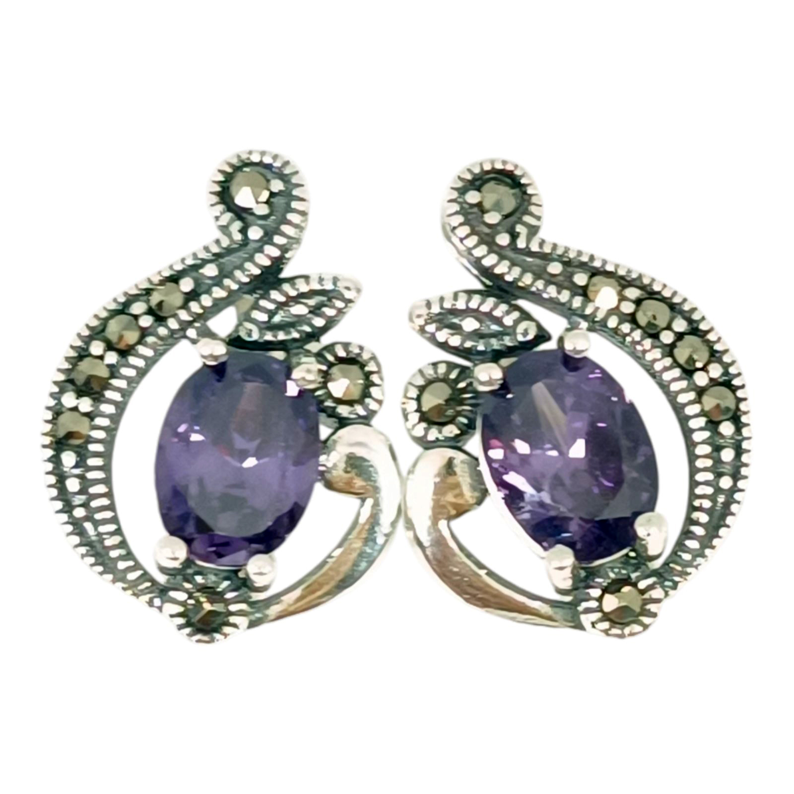 Dormeuses Argent \'Sappho\' violet marcassite argenté - 19x14 mm - [S1193]
