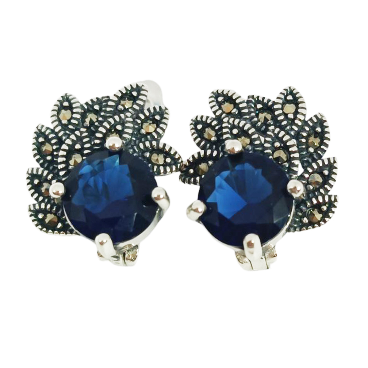 Dormeuses Argent \'Sappho\' bleu saphir marcassite argenté - 15x13 mm - [S1195]