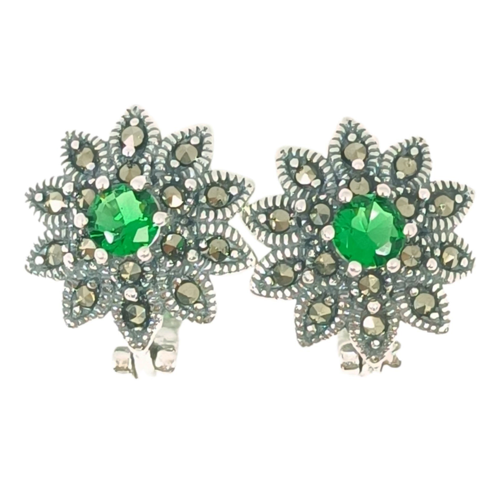 Dormeuses Argent \'Sappho\' vert marcassite argenté - 13 mm - [S1196]