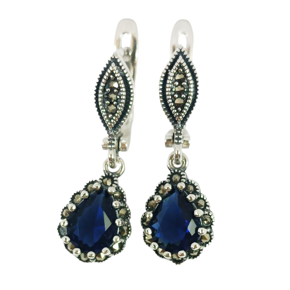Dormeuses Argent \'Sappho\' multicolore marcassite argenté - 30x10 mm - [S1199]