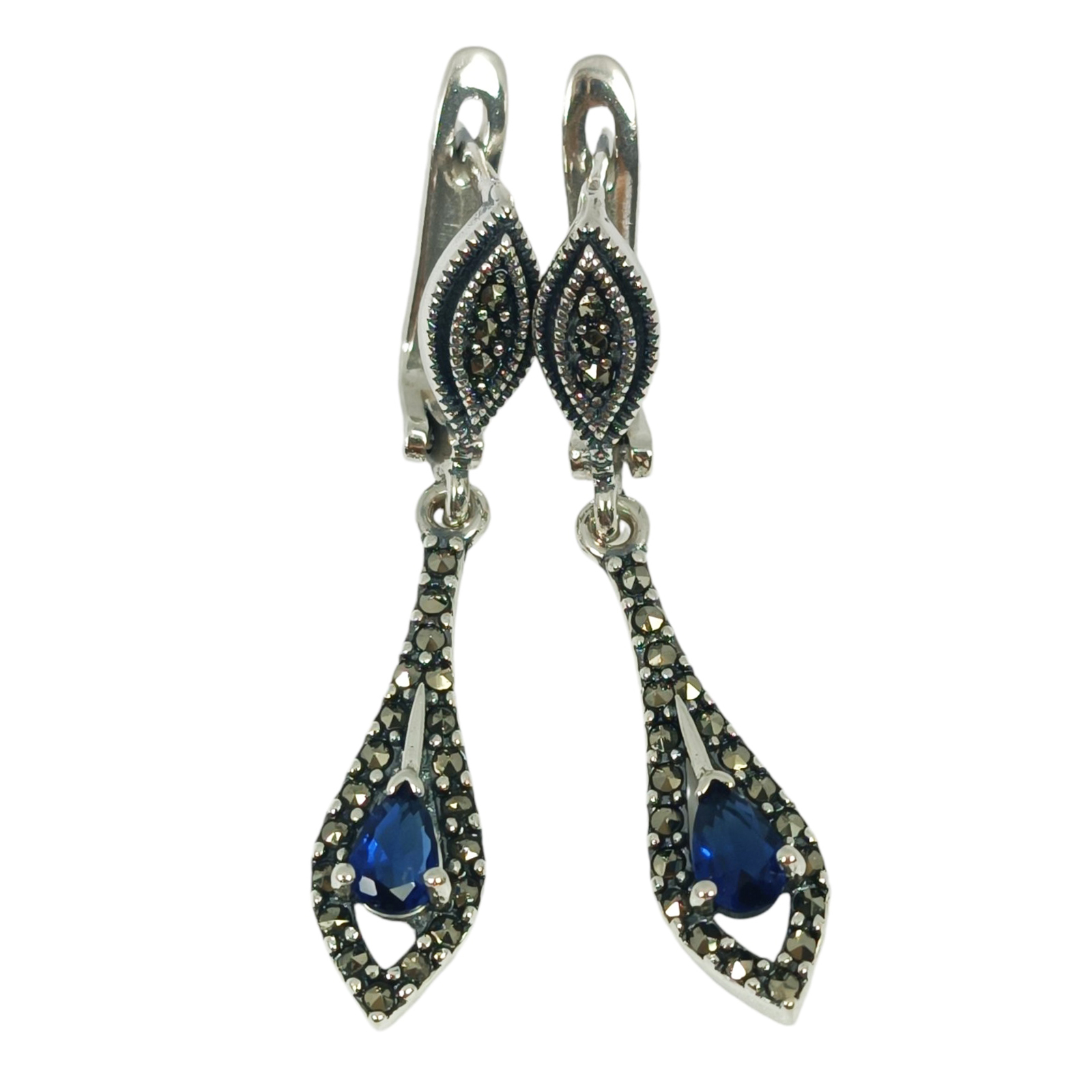 Dormeuses Argent \'Sappho\' turquoise marcassite argenté - 40x8 mm - [S1200]