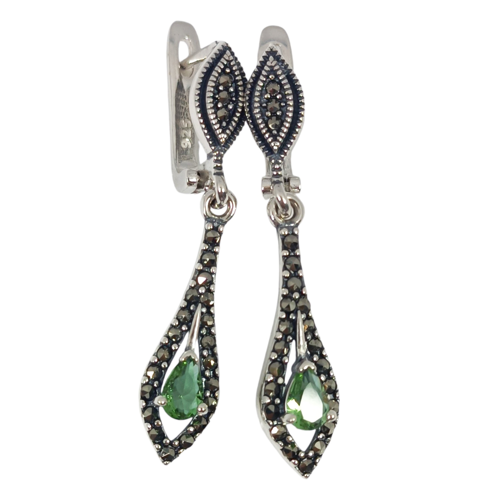 Dormeuses Argent \'Sappho\' vert violet marcassite argenté - 40x8 mm (pierre change couleur) - [S1201]