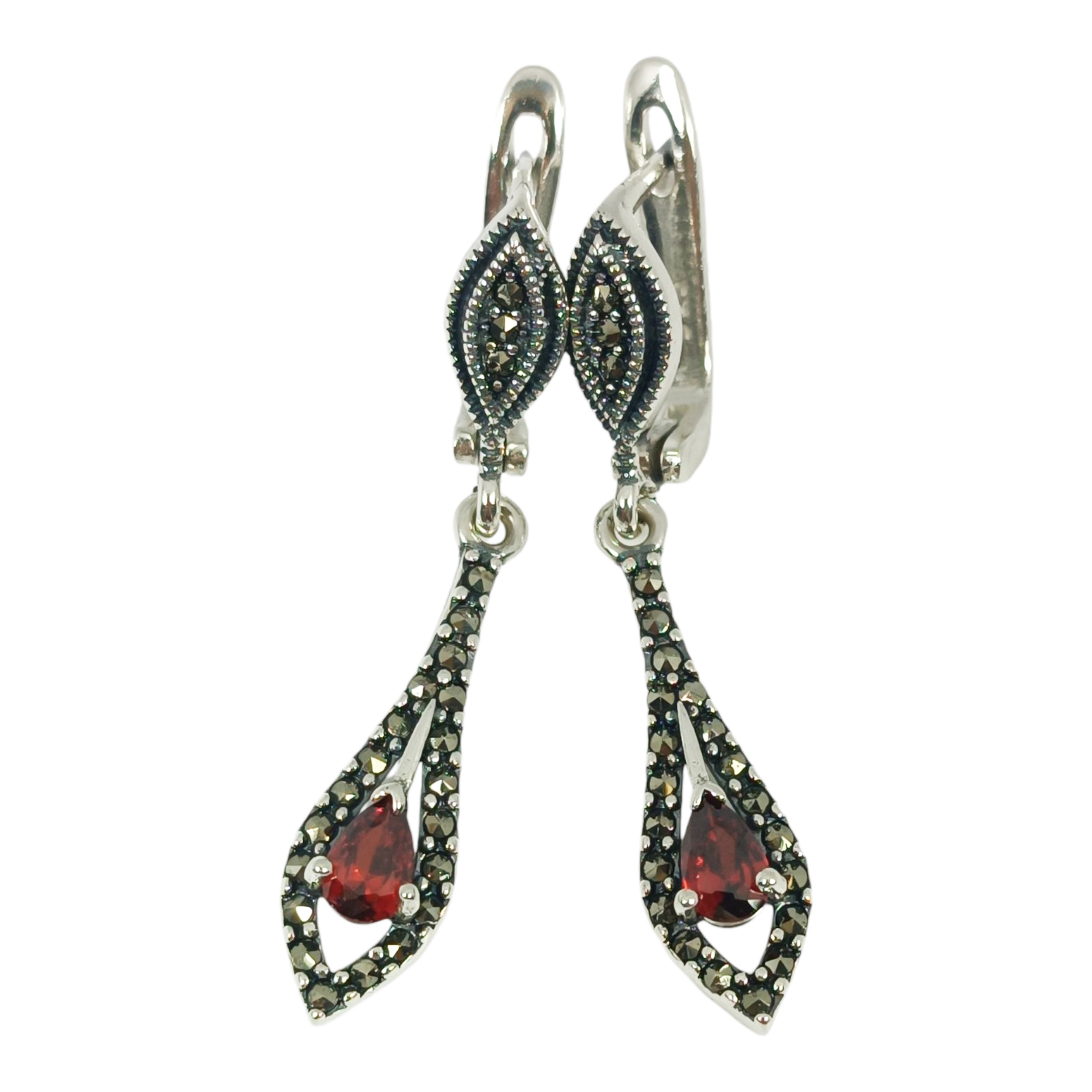 Dormeuses Argent \'Sappho\' rouge marcassite argenté - 40x8 mm (pierre change couleur) - [S1202]
