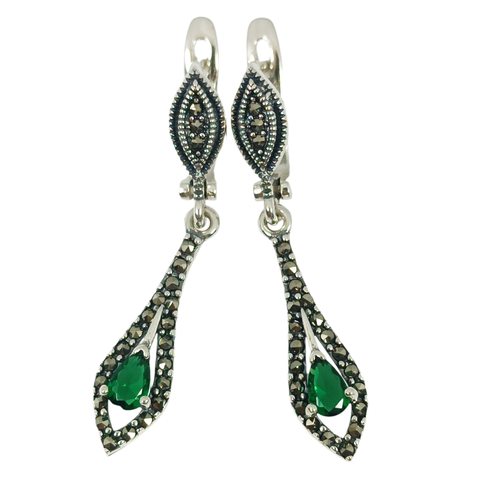 Dormeuses Argent \'Sappho\' vert émeraude marcassite argenté - 40x8 mm - [S1203]