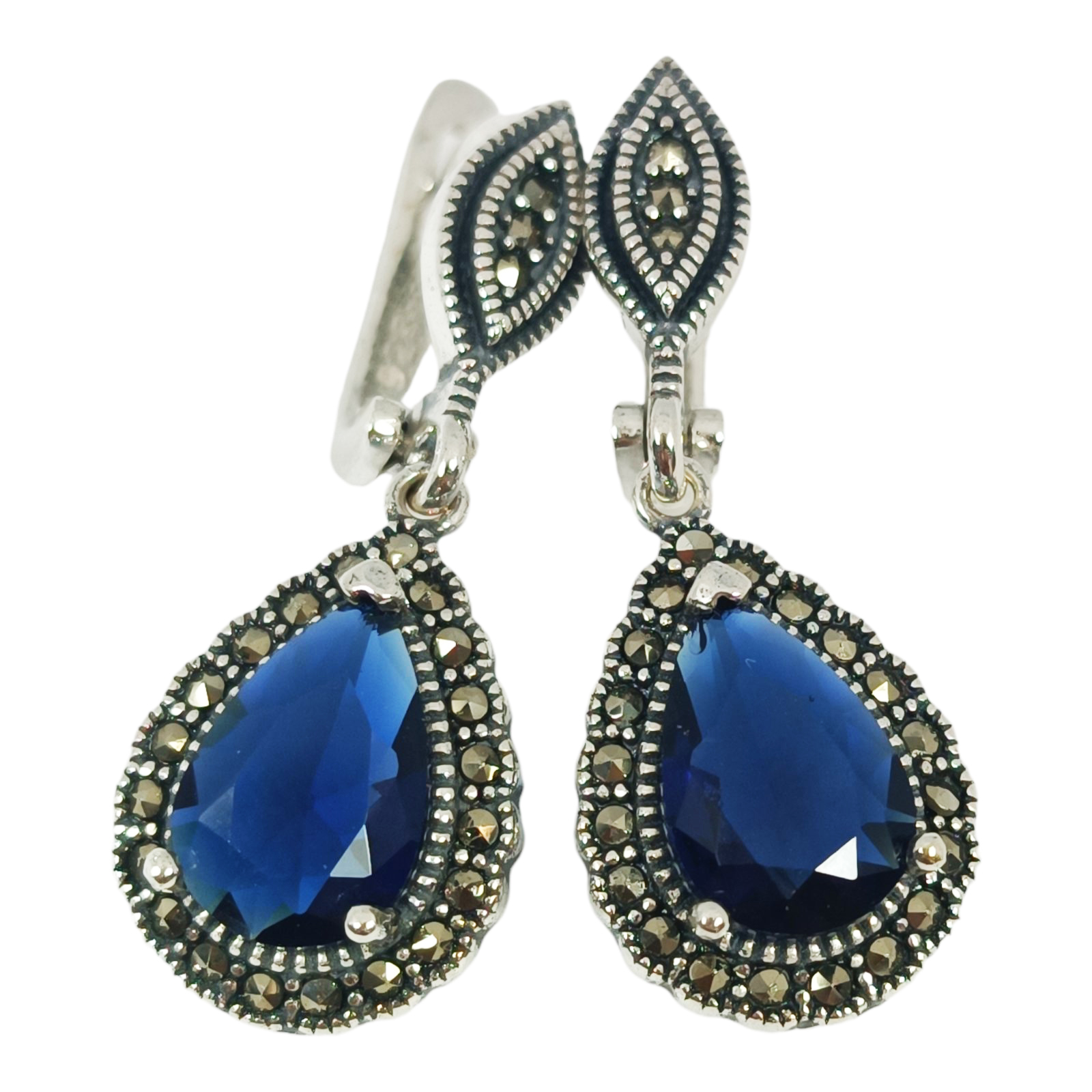 Dormeuses Argent \'Sappho\' multicolore marcassite argenté - 35x13 mm - [S1204]