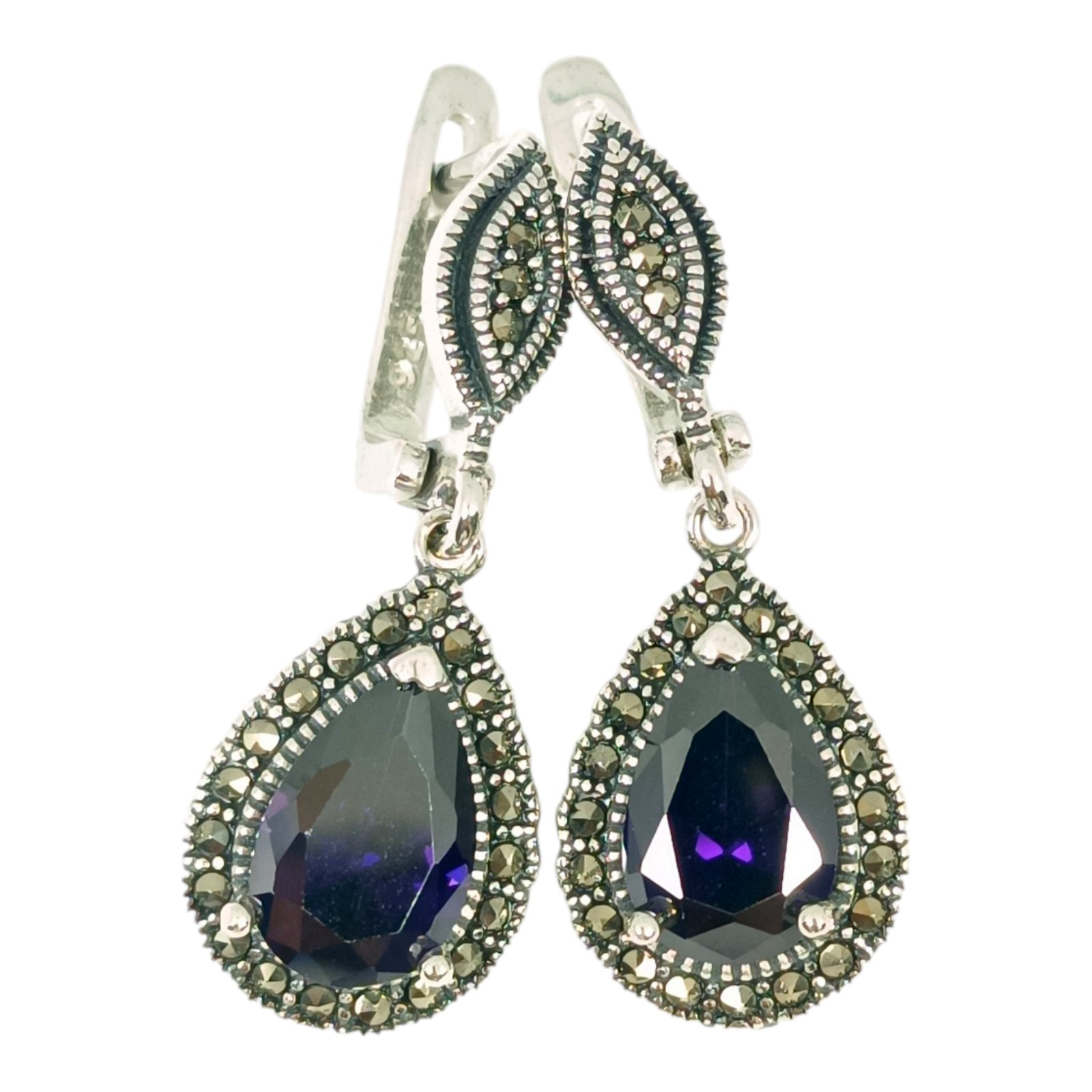 Dormeuses Argent \'Sappho\' améthyste marcassite argenté - 35x13 mm - [S1205]
