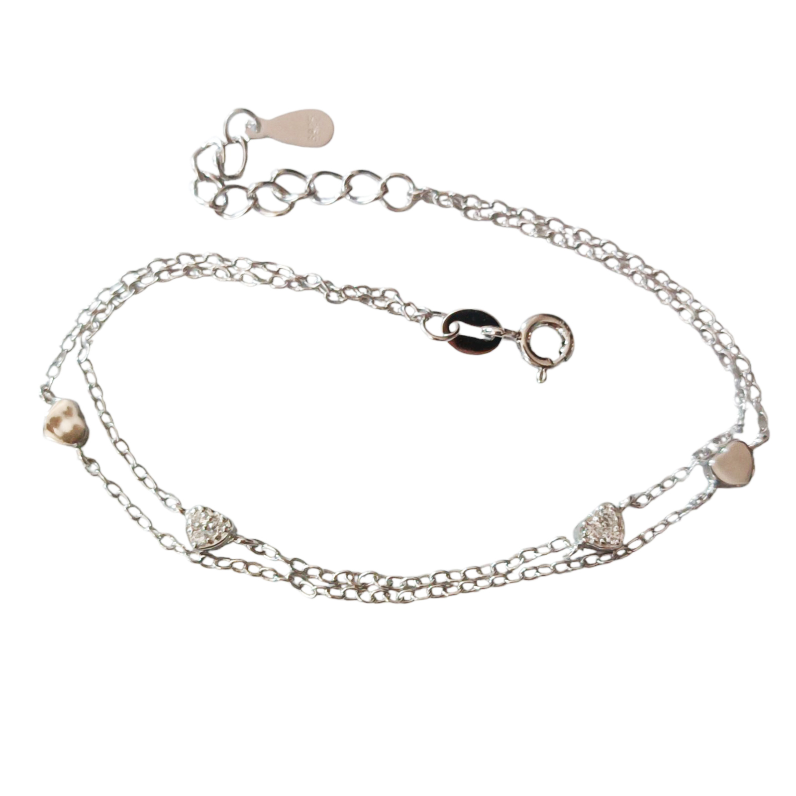 Bracelet Argent double \'Arégonde\' blanc argenté (rhodié) - 3 mm (cœurs) - [S1219]