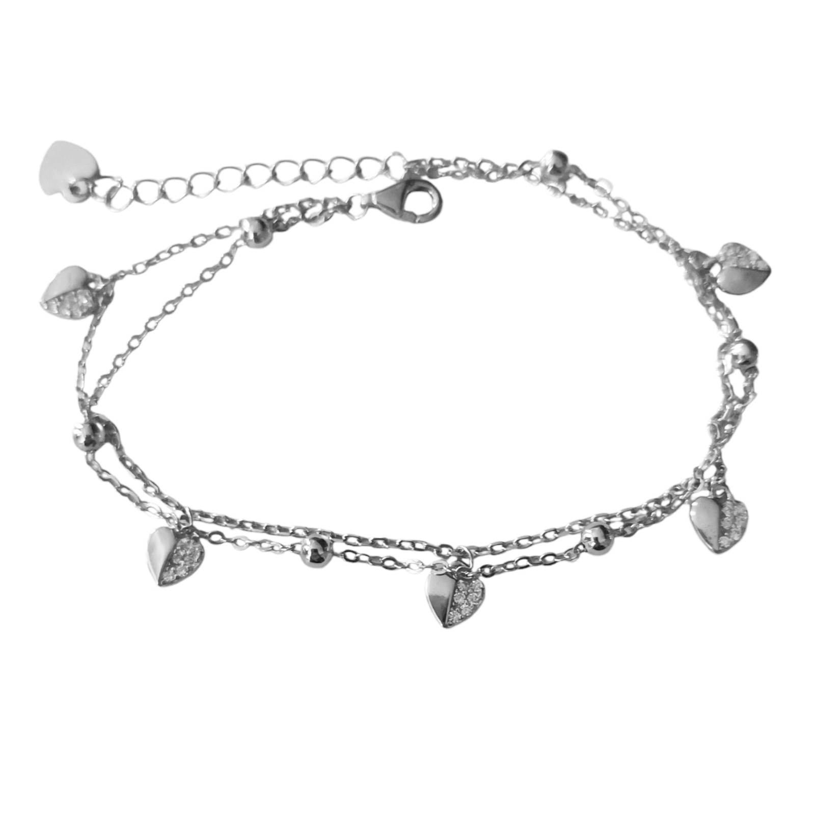 Bracelet Argent double \'Arégonde\' blanc argenté (rhodié) - 5 mm (cœurs) - [S1220]