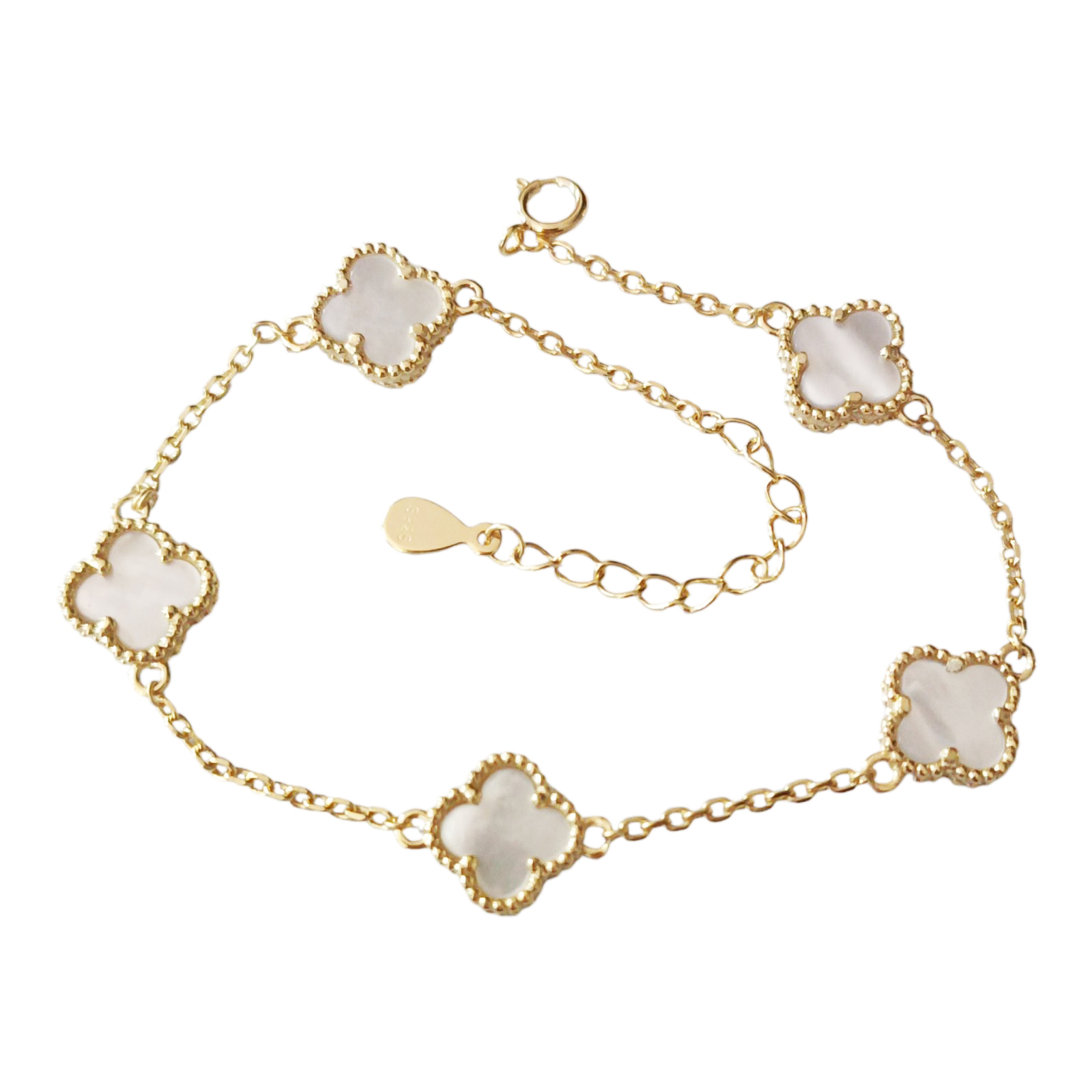 Bracelet argent rhodié \'Trèfles\' blanc nacré doré - 10 mm - [S1221]